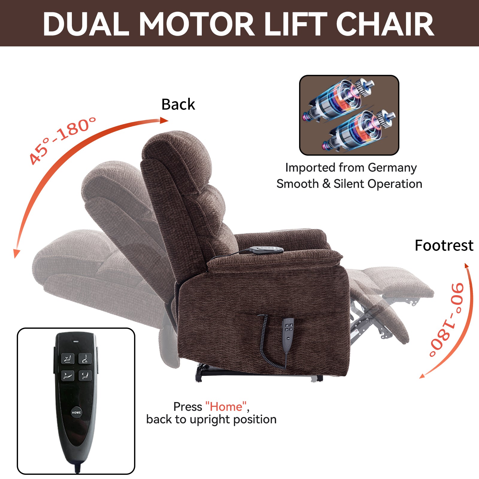 Brown Chenille Infinite Position Lift  Chair with Heat + Massage