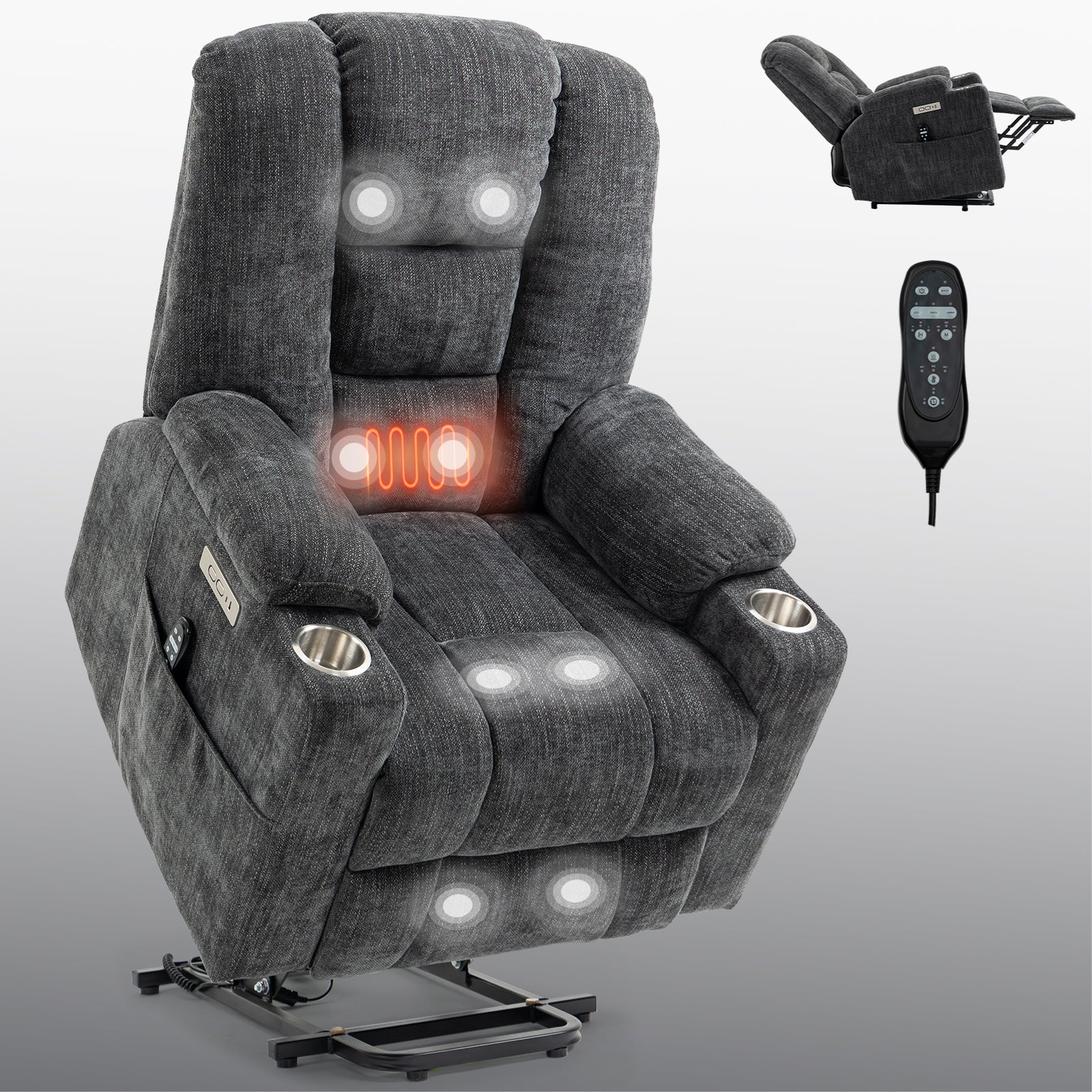 EMON'S Large Power Lift Recliner Chair with Massage and Heat for Elderly, Overstuffed Wide Recliners, Heavy Duty Motion Mechanism with USB and Type C Ports, 2 Steel Cup Holders, Gray - Value Lift Chairs 