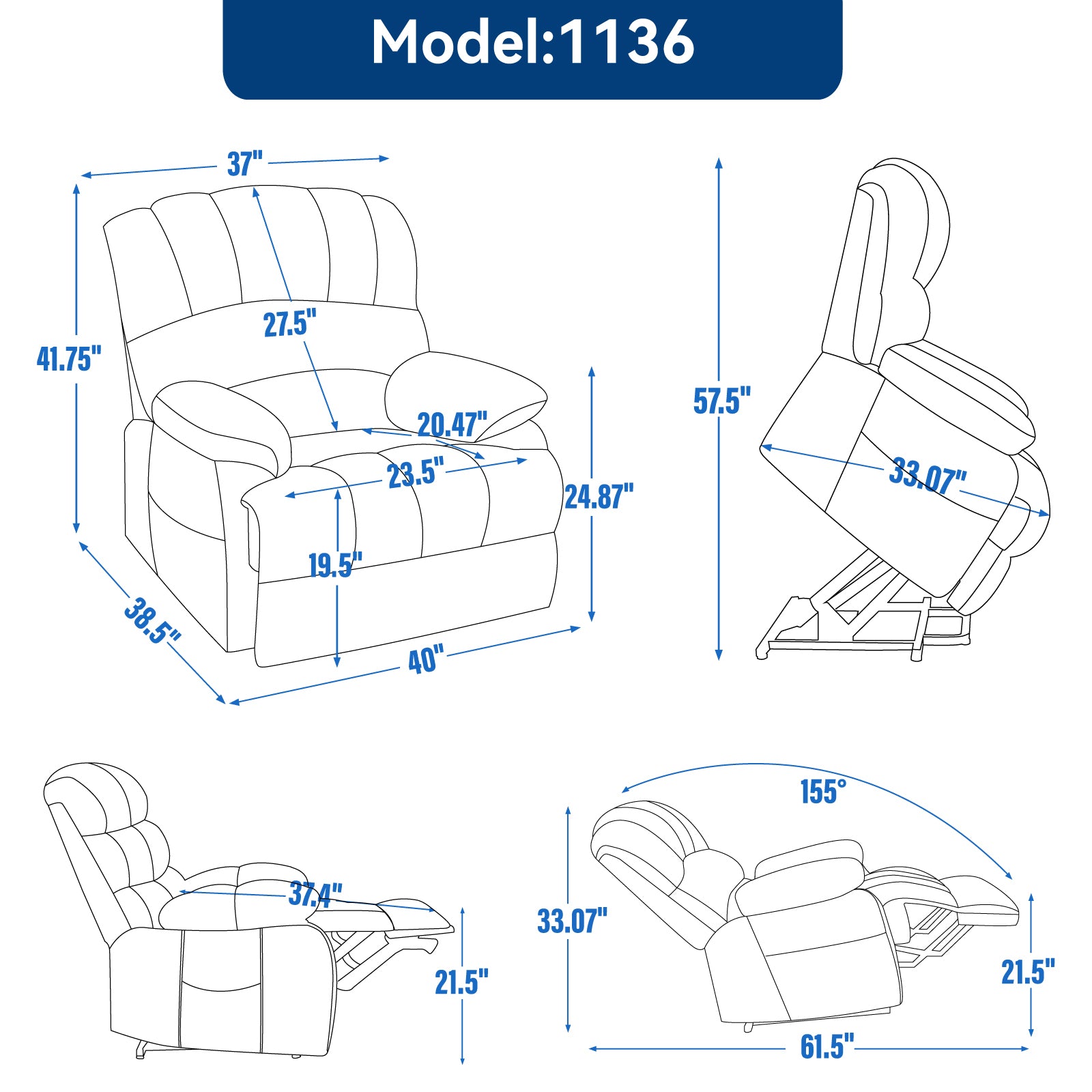 Oversized Chenille  Lift Recliner Chair with  Massage and Lumbar Heating