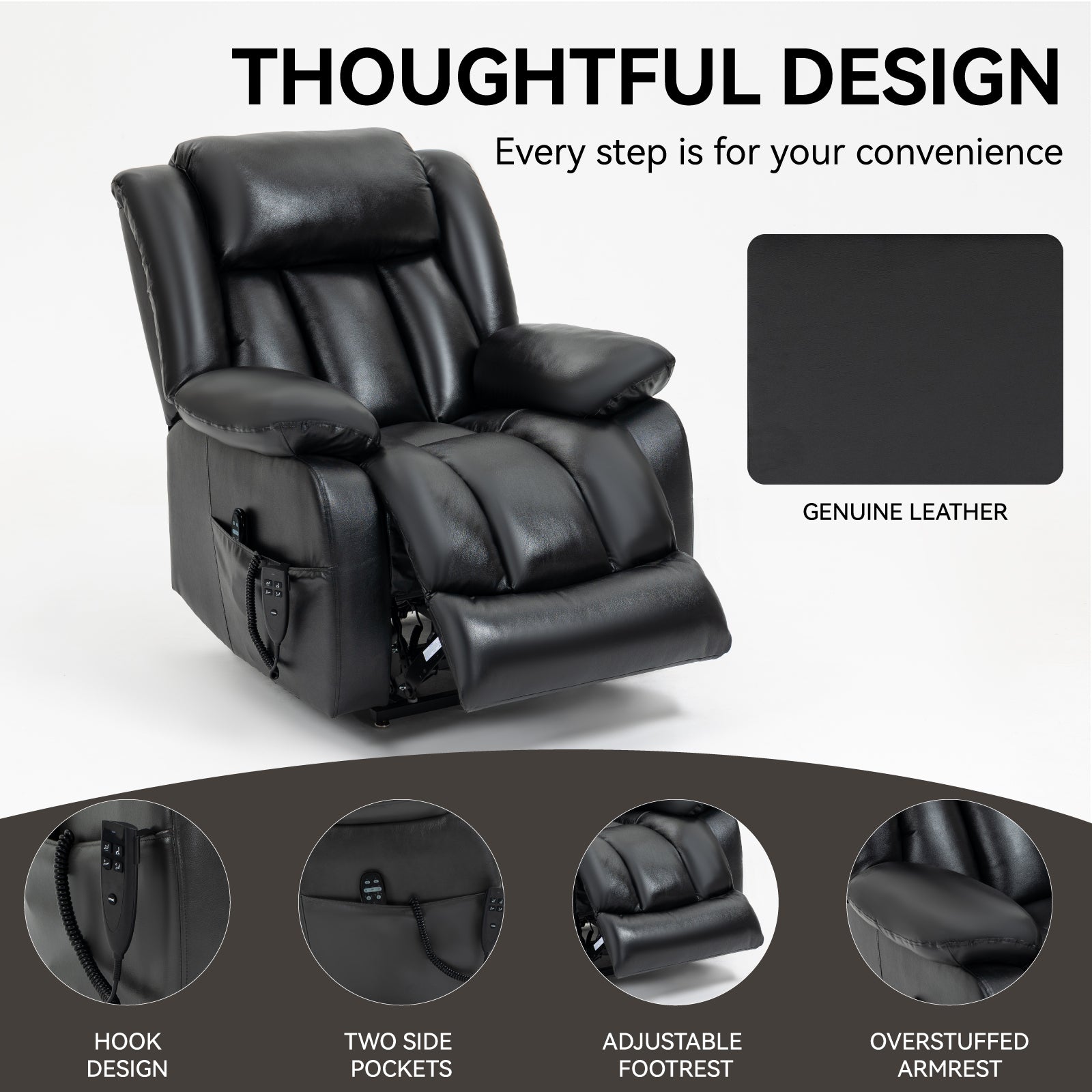 Dual Motor Infinite Position Up to 350 LBS Electric Medium size Genuine Leather Black Power Lift Recliner Chair with 8-Point Vibration Massage and Lumbar Heating - Value Lift Chairs 