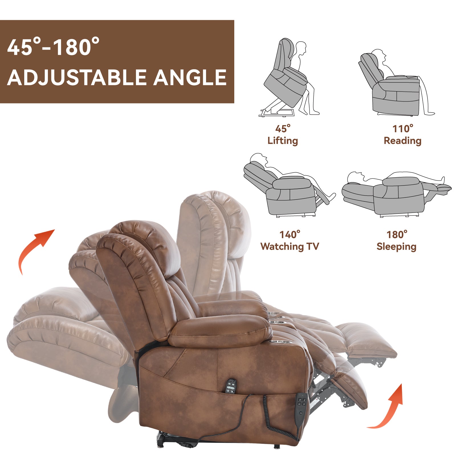 Dual Motor Infinite Position Up to 350 LBS Leatheraire Power Lift Recliner Chair, Heavy Duty Motion Mechanism with 8-Point Vibration Massage and Lumbar Heating, Stainless steel Cup Holders, Brown