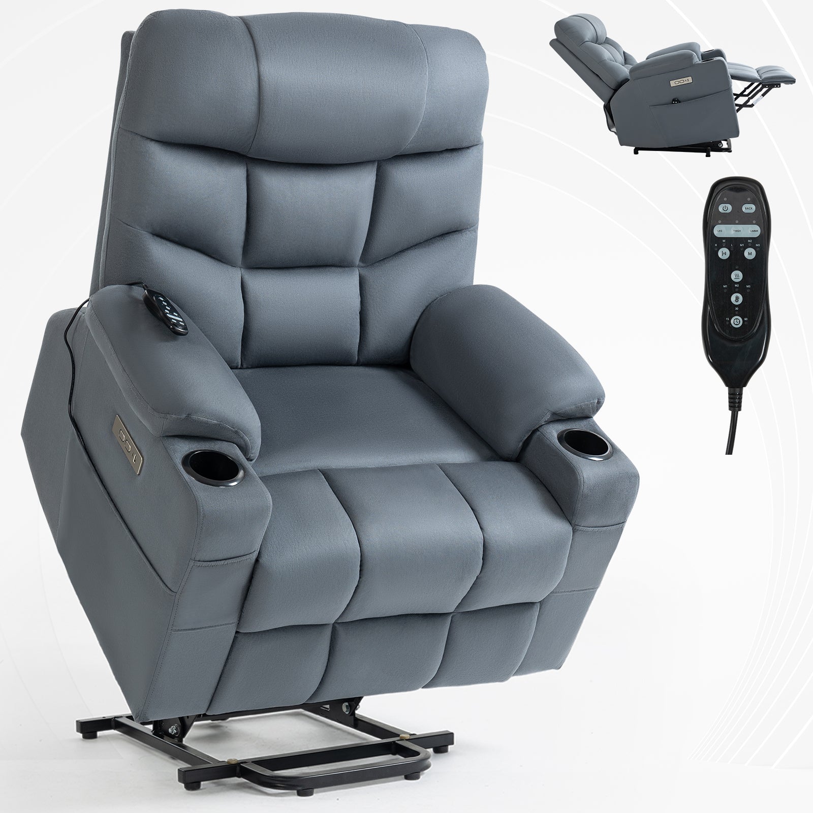 Up to 350 LBS Power Lift Recliner Chair, Heavy Duty Motion Mechanism with 8-Point Vibration Massage and Lumbar Heating, Cup Holders, USB and Type-C Ports, Removable Cushions, Blue - Value Lift Chairs 