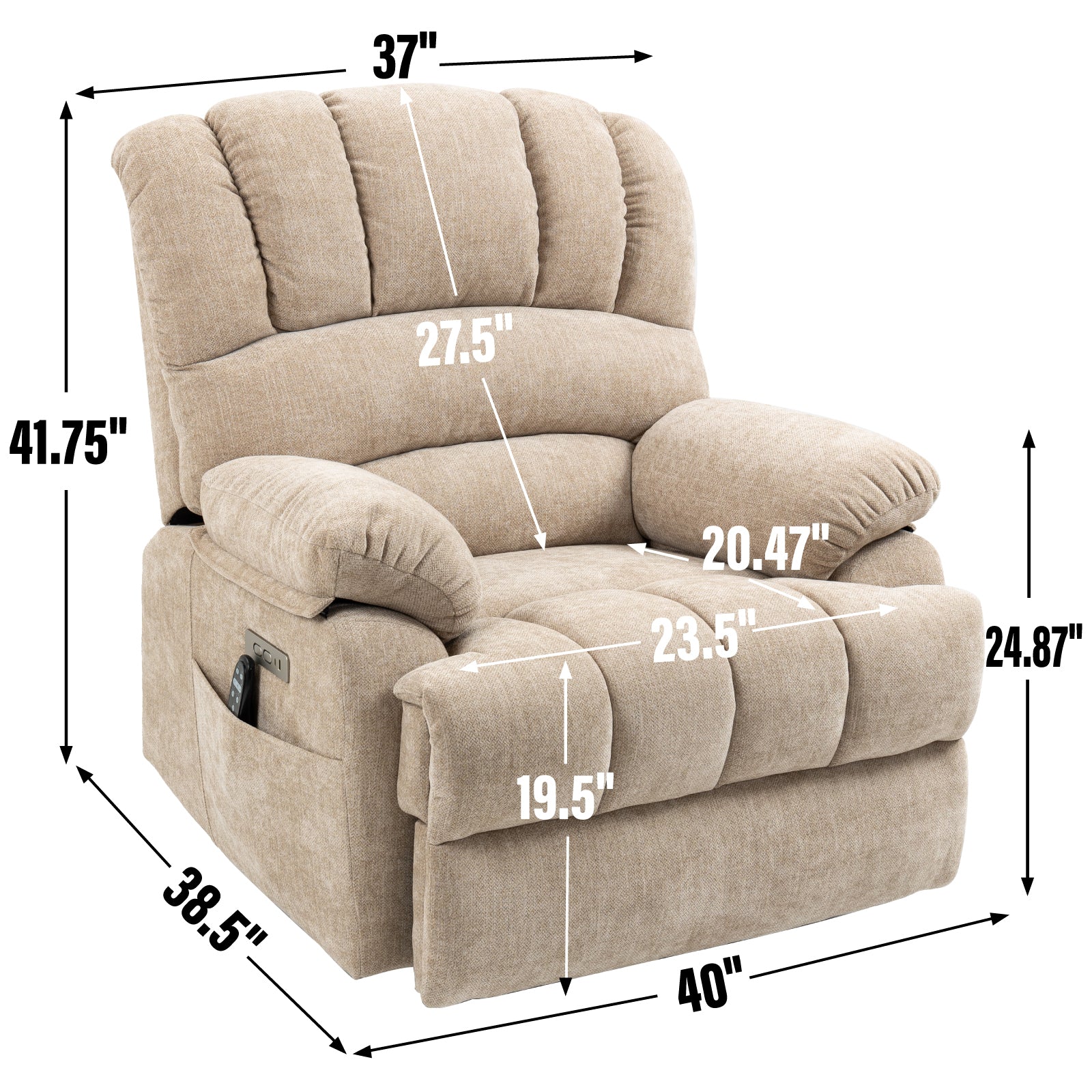 Oversized Chenille  Lift Recliner Chair with  Massage and Lumbar Heating