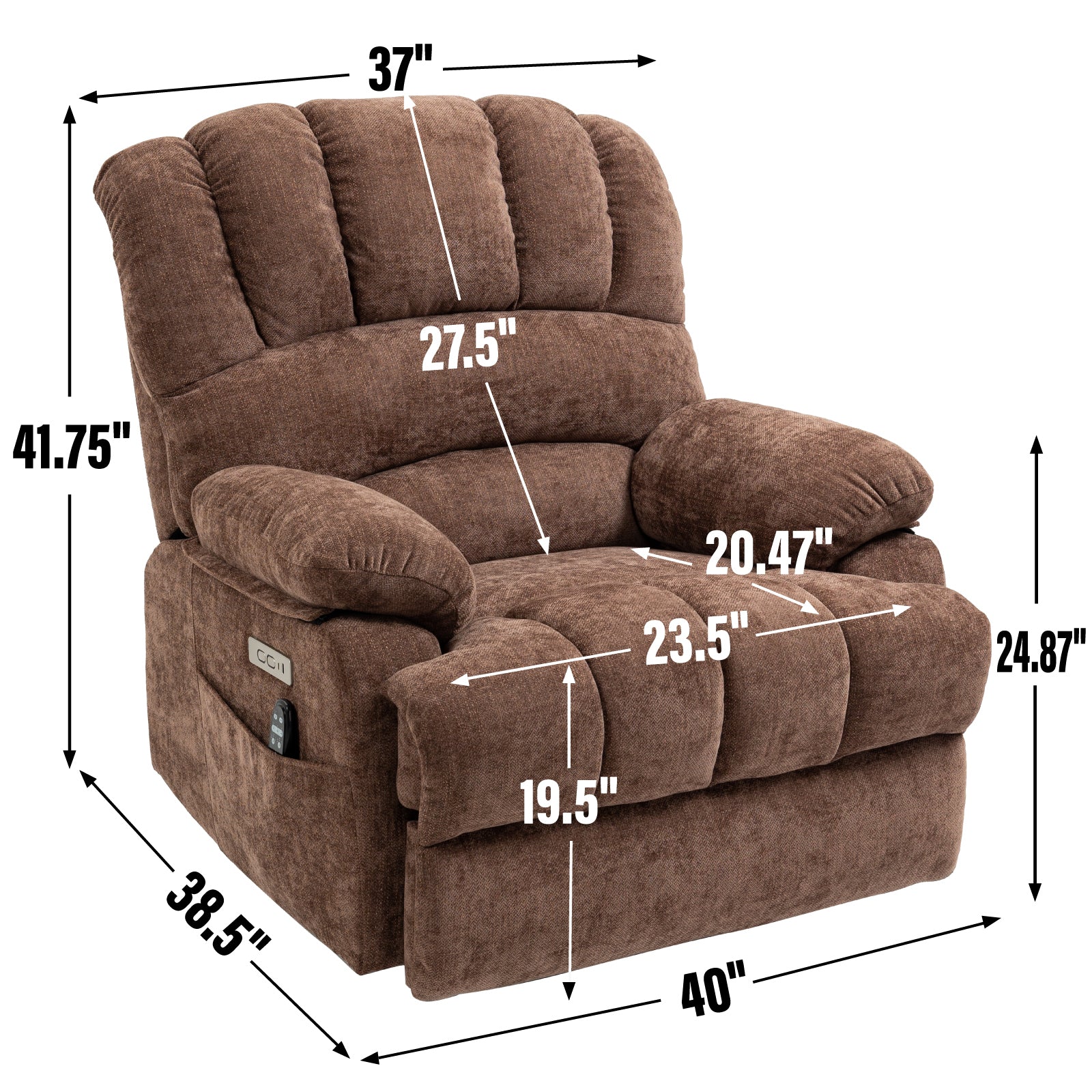 23" Brown  Chenille Power Lift  Chair with Massage and Lumbar Heating