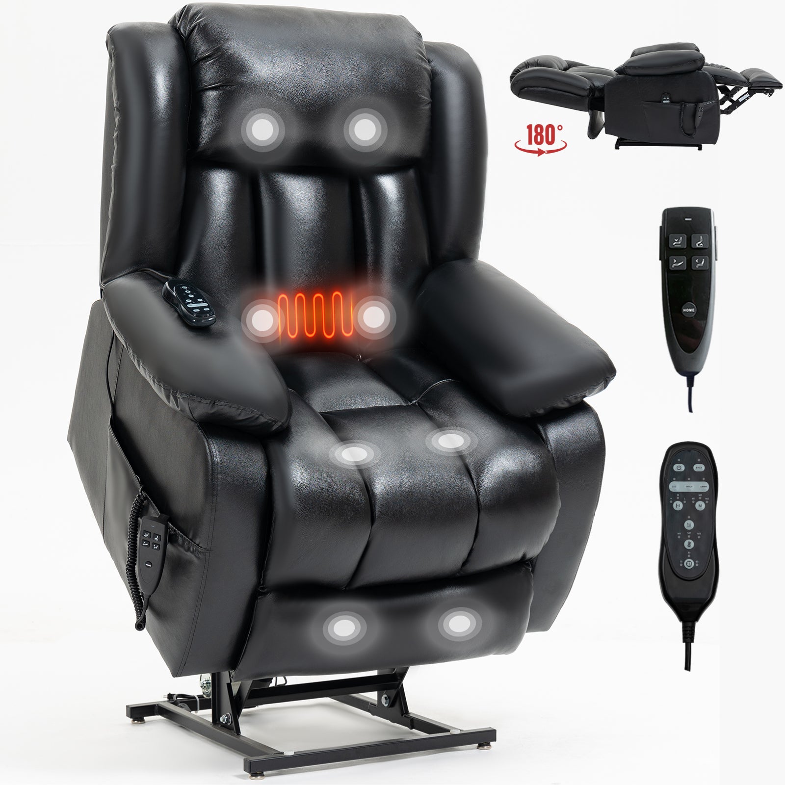 Dual Motor Infinite Position Up to 350 LBS Electric Medium size Genuine Leather Black Power Lift Recliner Chair with 8-Point Vibration Massage and Lumbar Heating - Value Lift Chairs 