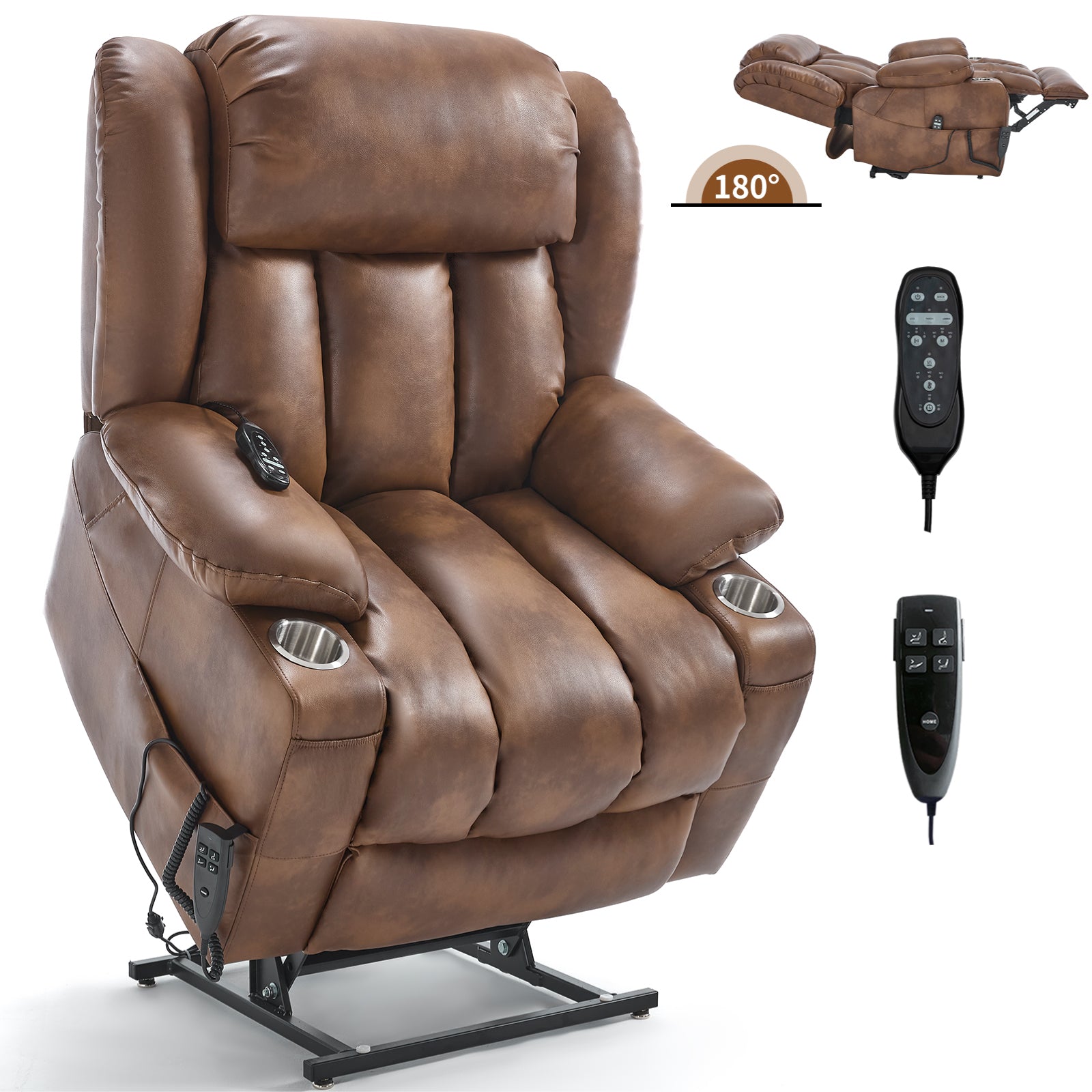 Dual Motor Infinite Position Up to 350 LBS Leatheraire Power Lift Recliner Chair, Heavy Duty Motion Mechanism with 8-Point Vibration Massage and Lumbar Heating, Stainless steel Cup Holders, Brown