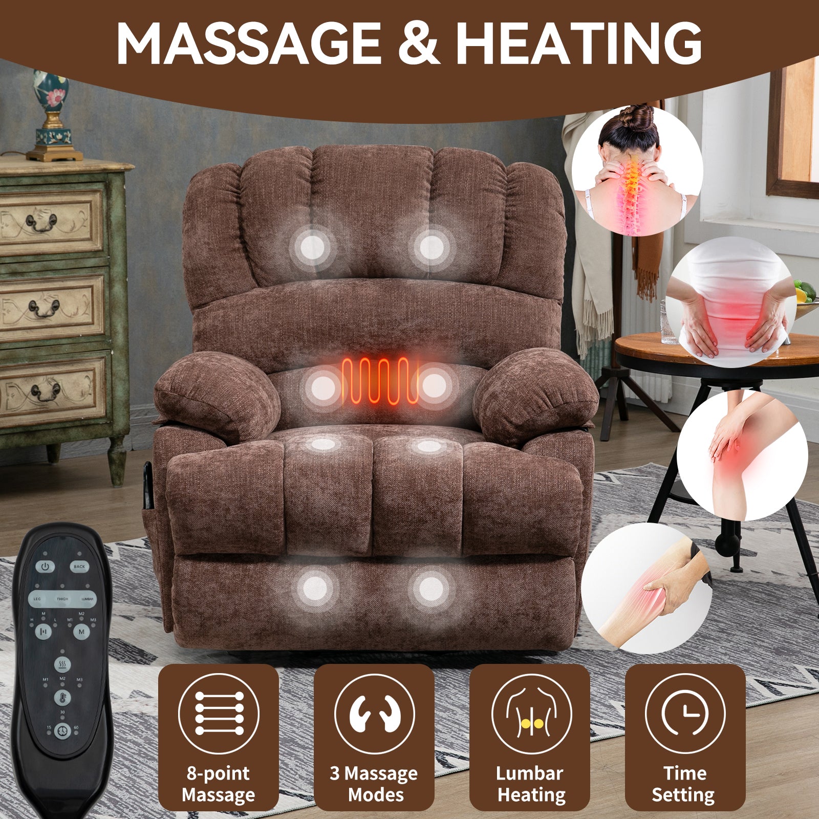 23" Seat Width and High Back Large Size Chenille Power Lift Recliner Chair with 8-Point Vibration Massage and Lumbar Heating, Brown - Value Lift Chairs 