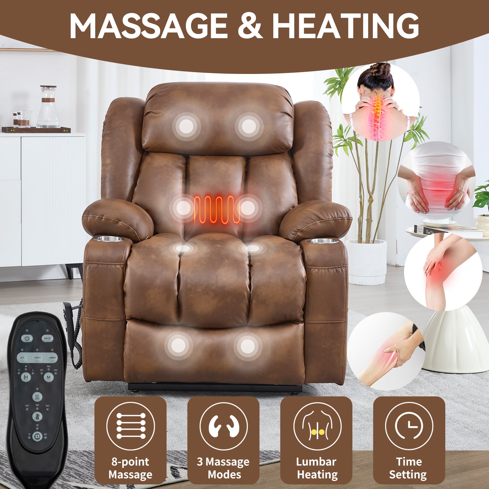 Dual Motor Infinite Position Up to 350 LBS Leatheraire Power Lift Recliner Chair, Heavy Duty Motion Mechanism with 8-Point Vibration Massage and Lumbar Heating, Stainless steel Cup Holders, Brown