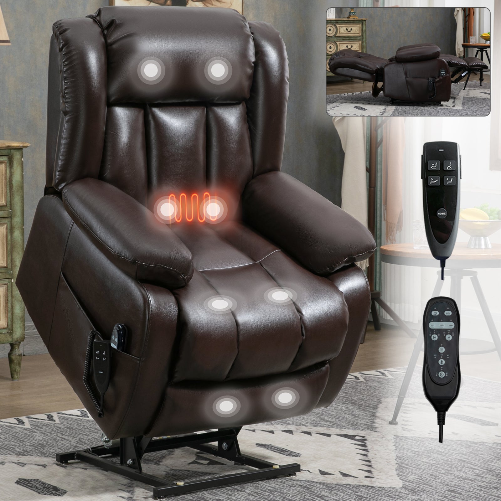 Dual Motor Infinite Position Up to 350 LBS Electric Medium size Brown Power Lift Recliner Chair with 8-Point Vibration Massage and Lumbar Heating - Value Lift Chairs 