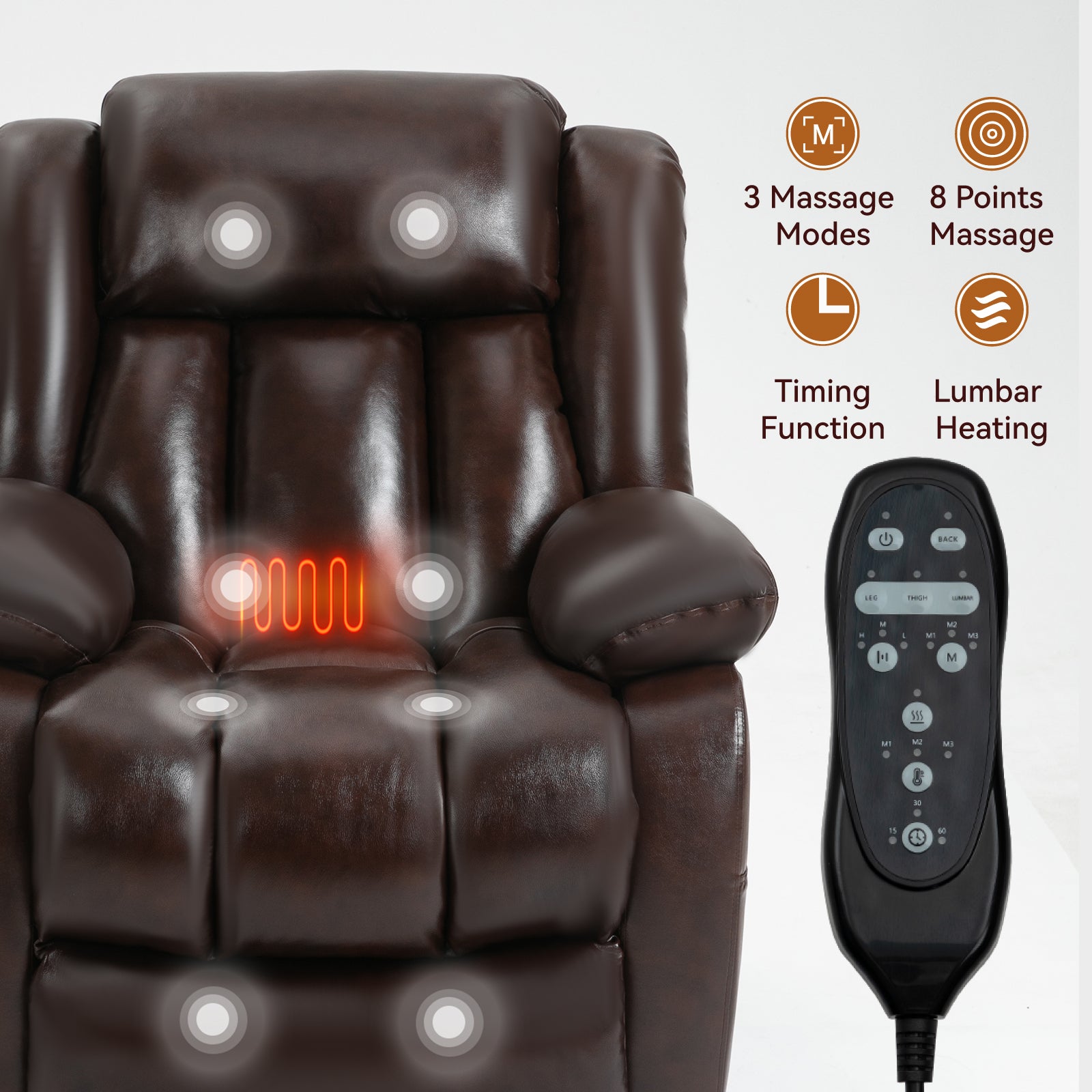 Dual Motor Infinite Position Up to 350 LBS Electric Medium size Genuine Leather Brown Power Lift Recliner Chair with 8-Point Vibration Massage and Lumbar Heating