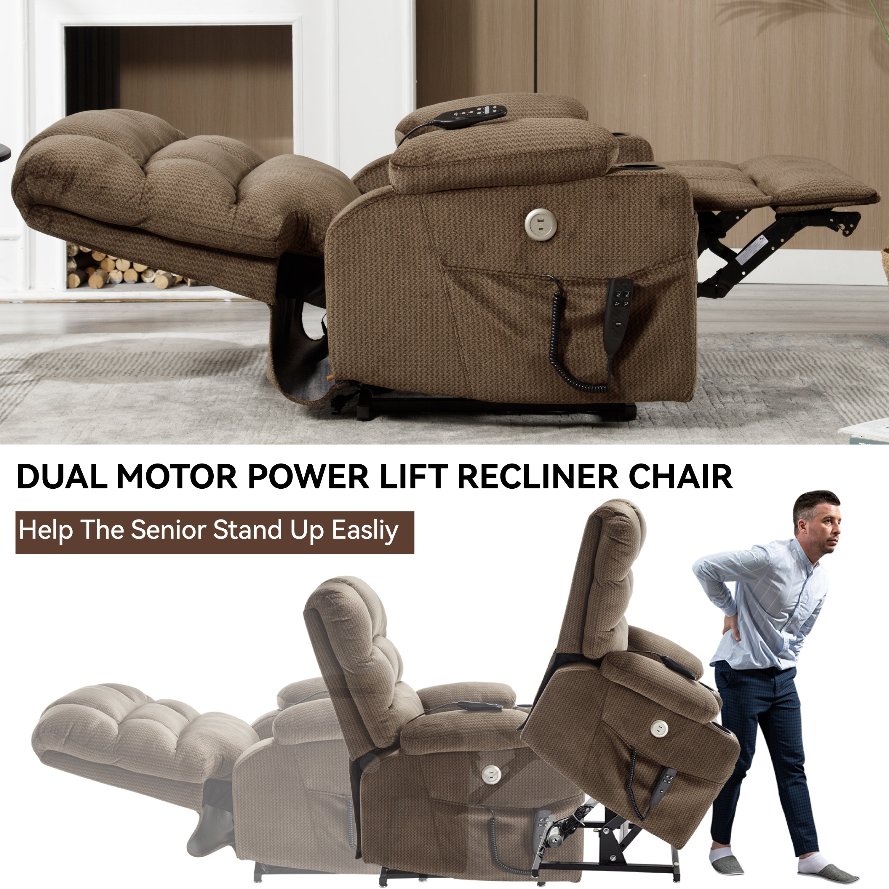 Brown Dual Motor Infinite Position Up to 350 LBS Chenille Power Lift Recliner Chair, Heavy Duty Motion Mechanism with 8-Point Vibration Massage and Lumbar Heating, Dual Cup Holders