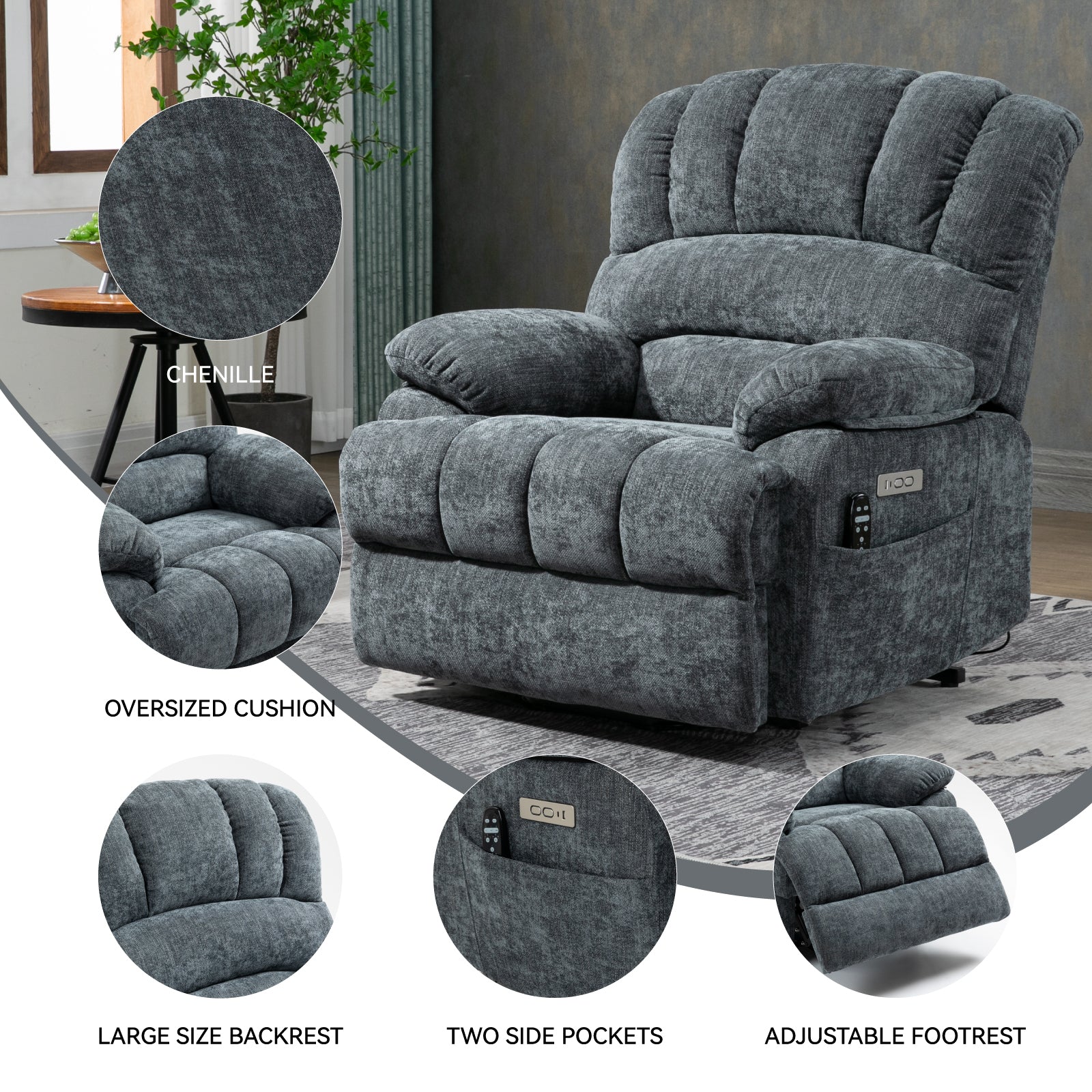 23" Seat Width and High Back Large Size Blue Chenille Power Lift Recliner Chair with 8-Point Vibration Massage and Lumbar Heating - Value Lift Chairs 