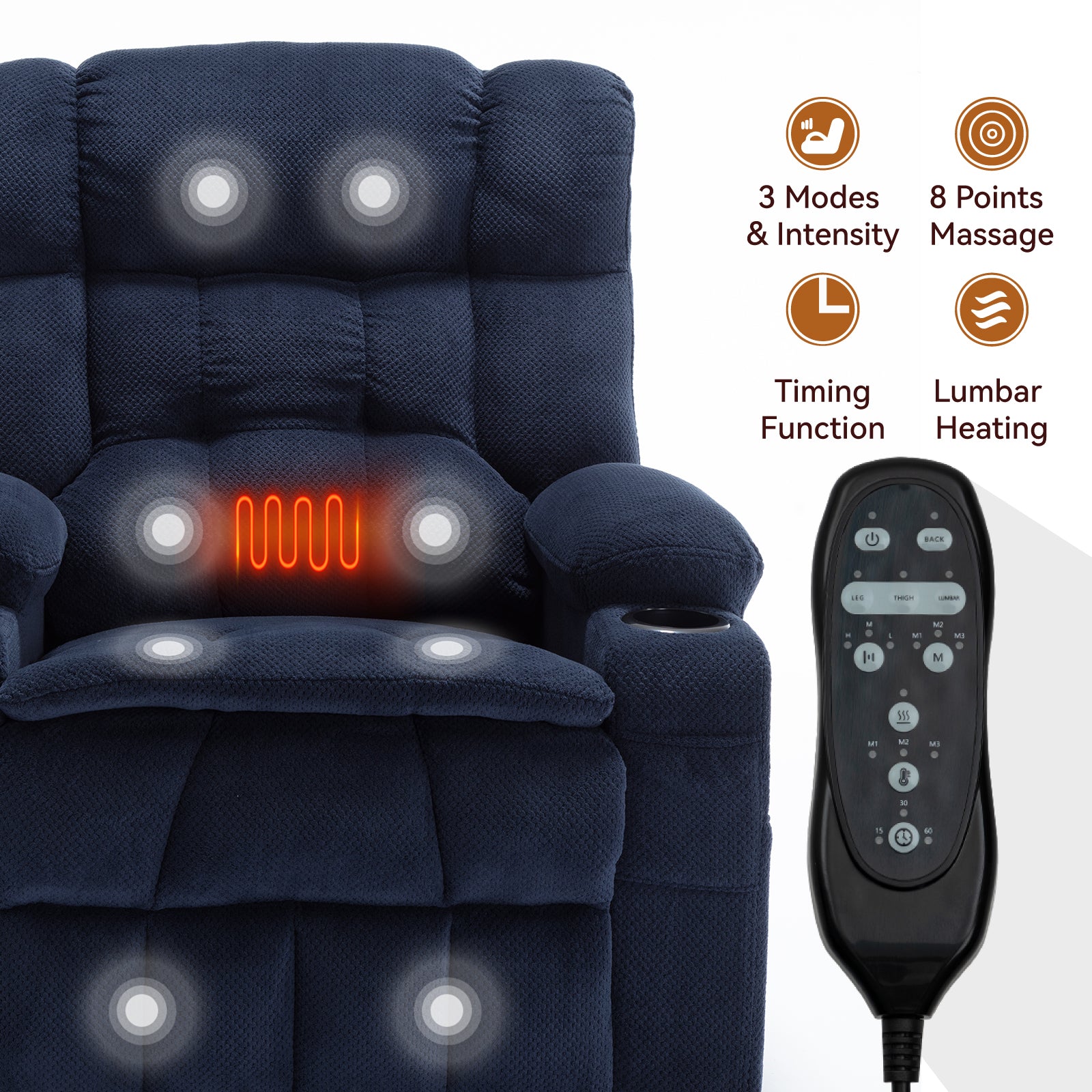 Blue Dual Motor Infinite Position Up to 350 LBS Chenille Power Lift Recliner Chair, Heavy Duty Motion Mechanism with 8-Point Vibration Massage and Lumbar Heating, Dual Cup Holders