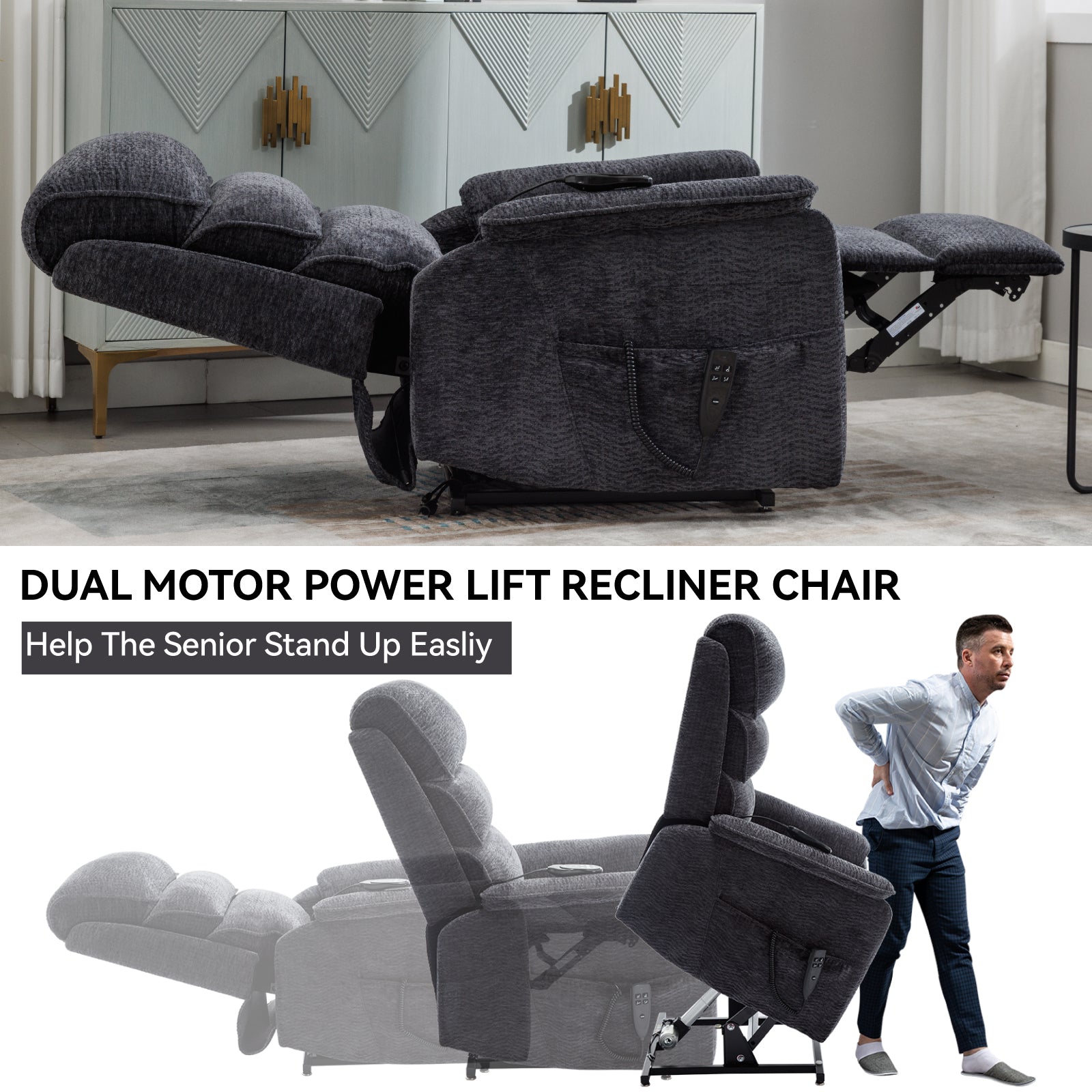 Grey Chenille Dual Motor Infinite Position Power Lift  Chair Heat + Massage