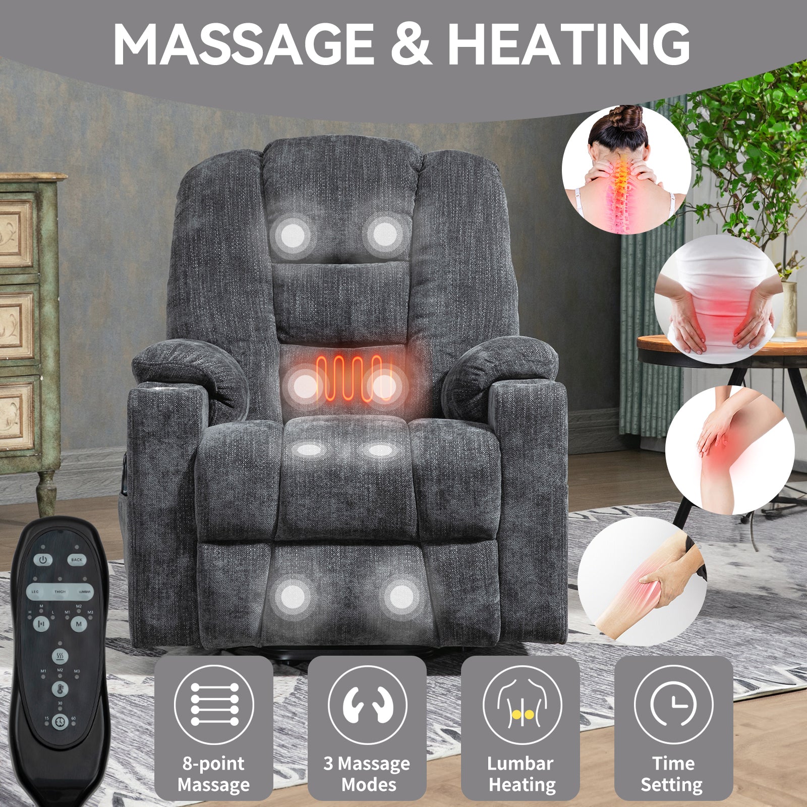 EMON'S Large Power Lift Recliner Chair with Massage and Heat for Elderly, Overstuffed Wide Recliners, Heavy Duty Motion Mechanism with USB and Type C Ports, 2 Steel Cup Holders, Gray - Value Lift Chairs 