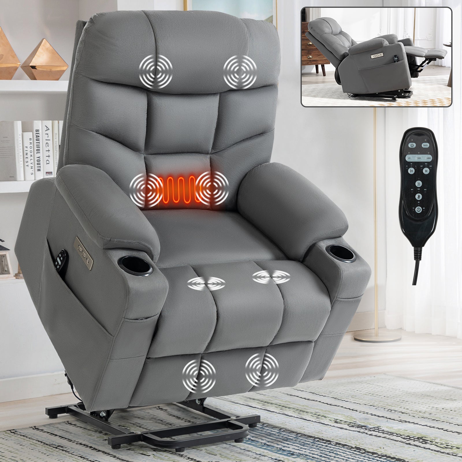 Okin Motor Up to 350 LBS Power Lift Recliner Chair, Heavy Duty Motion Mechanism with 8-Point Vibration Massage and Lumbar Heating, Cup Holders, USB and Type-C Ports, Removable Cushions, Grey - Value Lift Chairs 