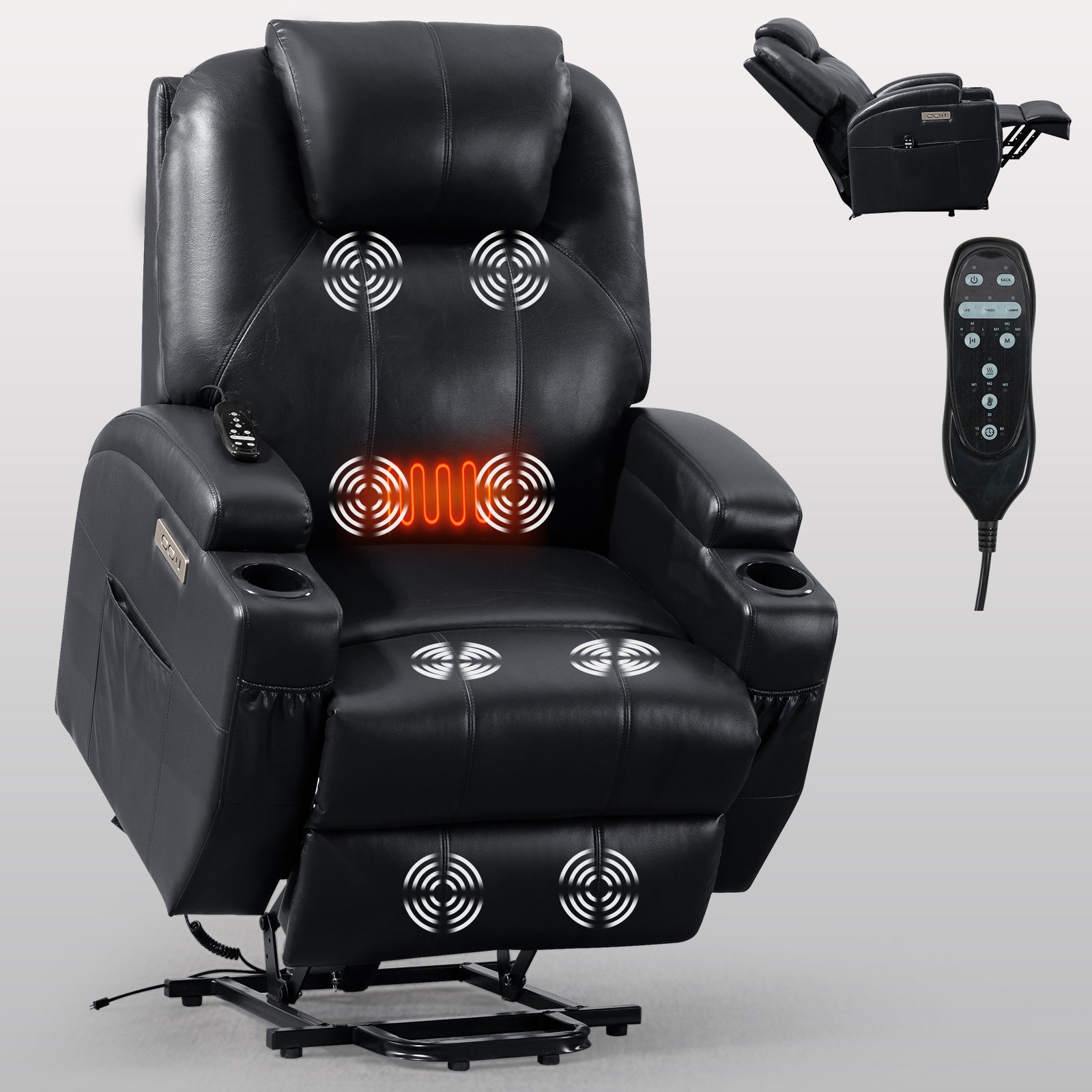 Up to 350lbs Okin Motor Power Lift Recliner Chair for Elderly, Heavy Duty Motion Mechanism with 8-Point Vibration Massage and Lumbar Heating, Two Cup Holders and USB Charge Port, Black - Value Lift Chairs 