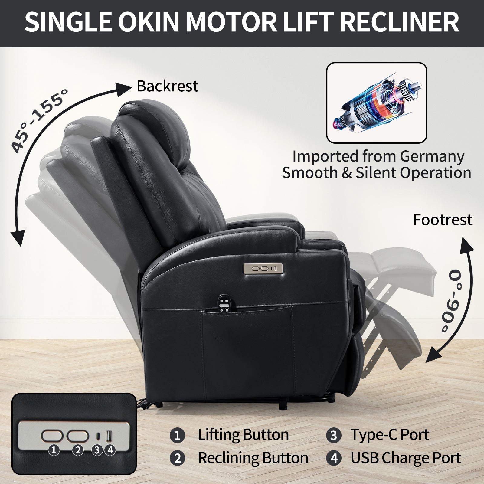 Up to 350lbs Okin Motor Power Lift Recliner Chair for Elderly, Heavy Duty Motion Mechanism with 8-Point Vibration Massage and Lumbar Heating, Two Cup Holders and USB Charge Port, Black - Value Lift Chairs 