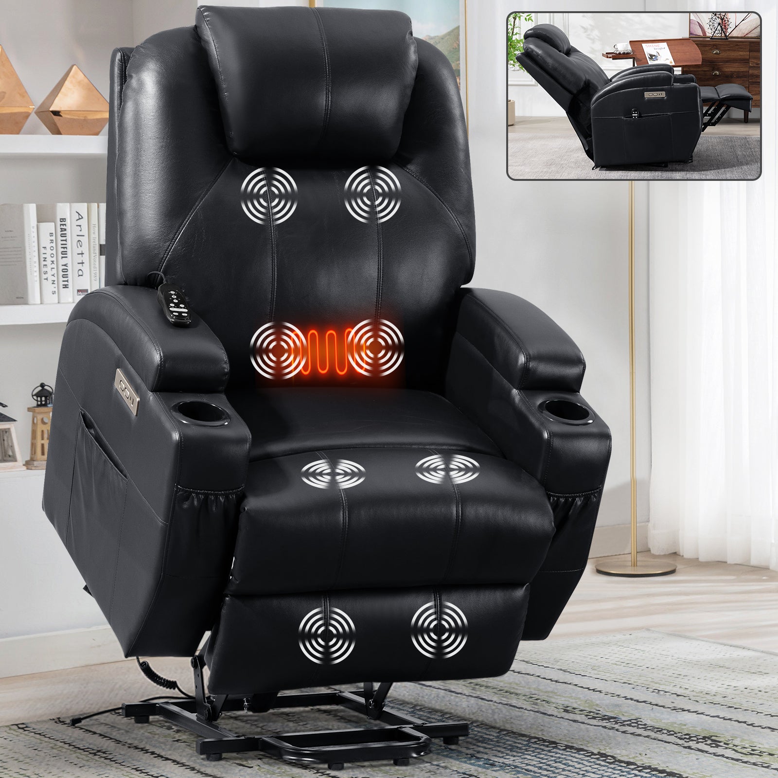 Up to 350lbs Okin Motor Power Lift Recliner Chair for Elderly, Heavy Duty Motion Mechanism with 8-Point Vibration Massage and Lumbar Heating, Two Cup Holders and USB Charge Port, Black - Value Lift Chairs 