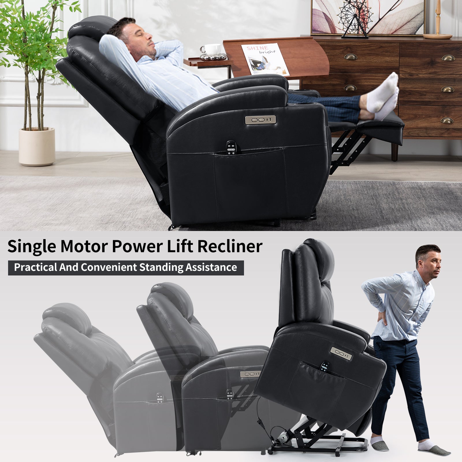 Up to 350lbs Okin Motor Power Lift Recliner Chair for Elderly, Heavy Duty Motion Mechanism with 8-Point Vibration Massage and Lumbar Heating, Two Cup Holders and USB Charge Port, Black - Value Lift Chairs 