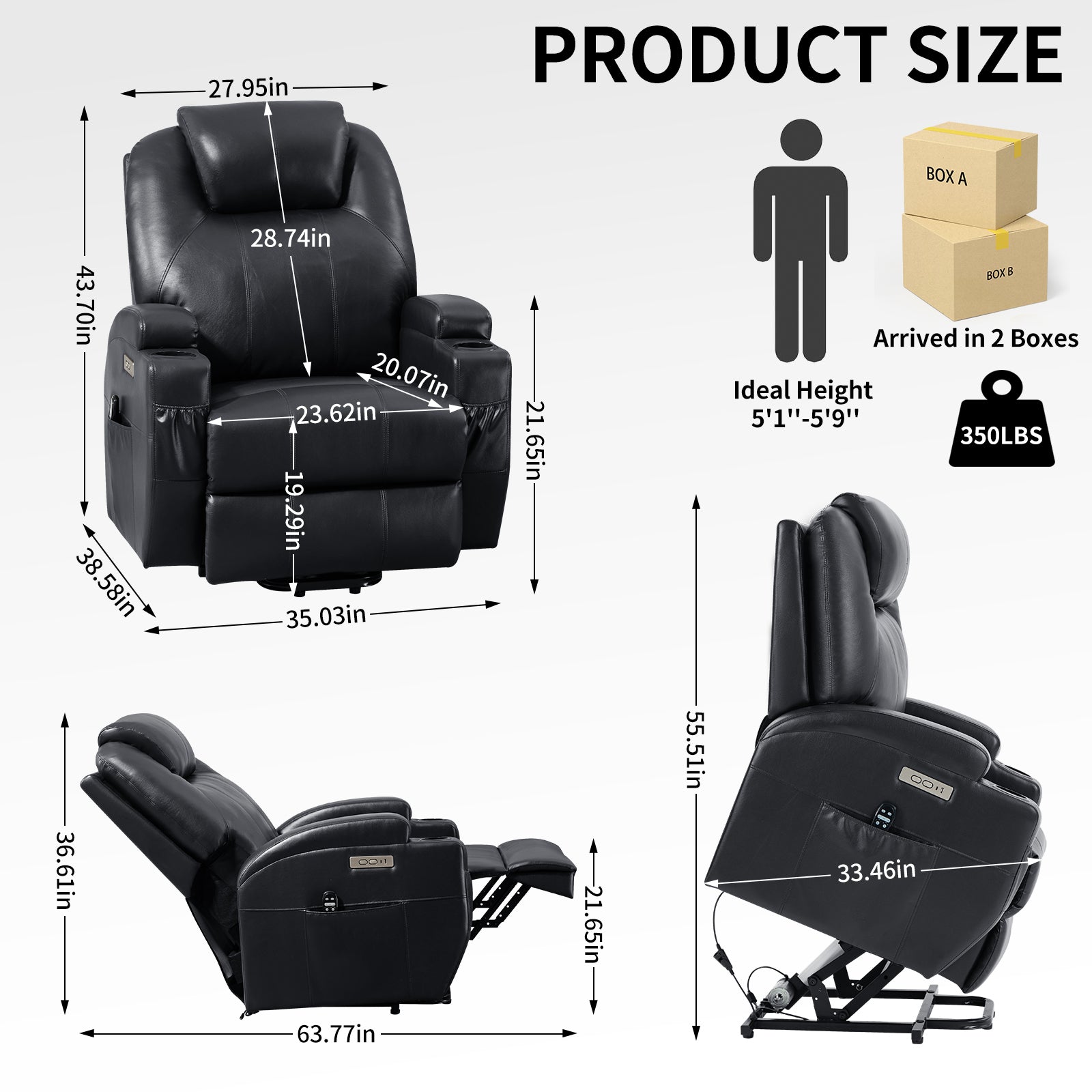 Up to 350lbs Okin Motor Power Lift Recliner Chair for Elderly, Heavy Duty Motion Mechanism with 8-Point Vibration Massage and Lumbar Heating, Two Cup Holders and USB Charge Port, Black - Value Lift Chairs 