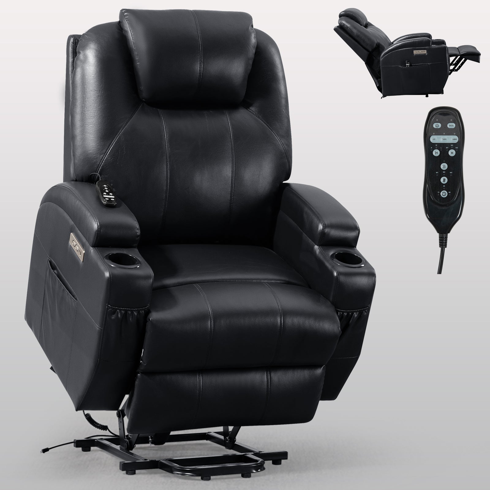 Up to 350lbs Okin Motor Power Lift Recliner Chair for Elderly, Heavy Duty Motion Mechanism with 8-Point Vibration Massage and Lumbar Heating, Two Cup Holders and USB Charge Port, Black - Value Lift Chairs 