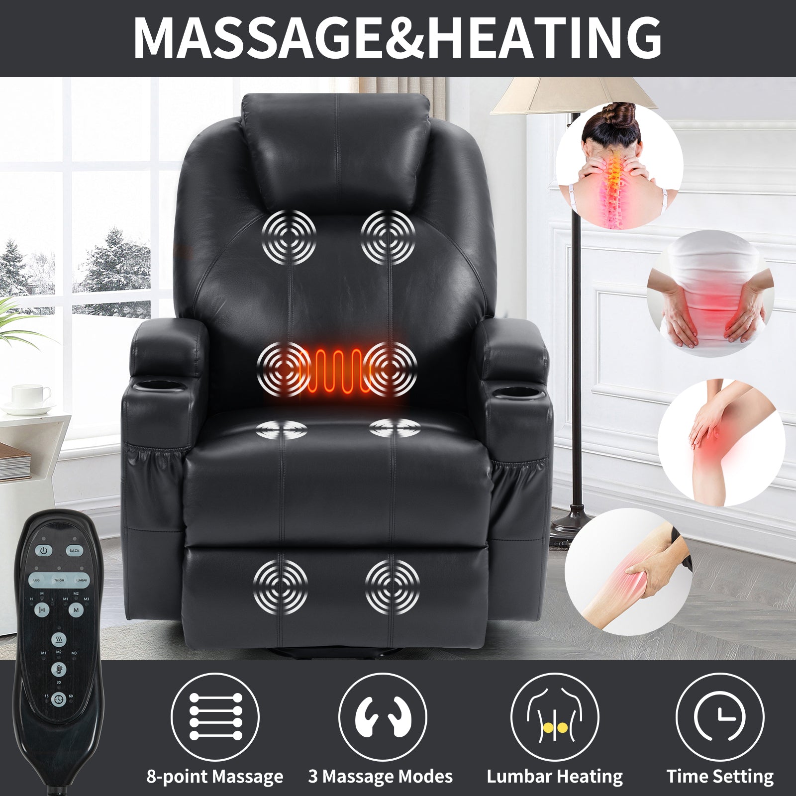 Up to 350lbs Okin Motor Power Lift Recliner Chair for Elderly, Heavy Duty Motion Mechanism with 8-Point Vibration Massage and Lumbar Heating, Two Cup Holders and USB Charge Port, Black - Value Lift Chairs 