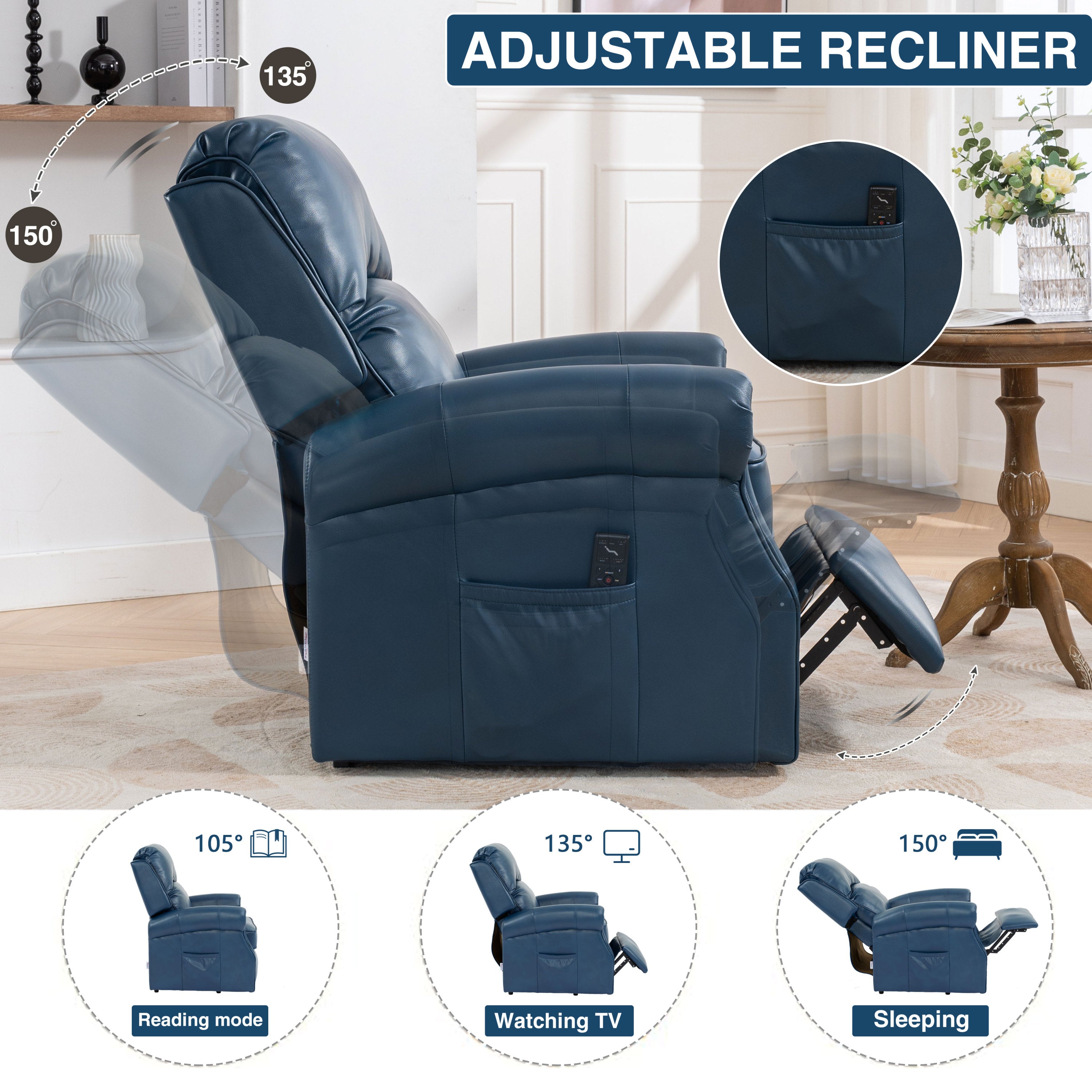 Lehboson Lift Recliner Chair, Electric Power Lift Recliner Chair for Elderly With Eight Points Massage And Heating,(Navy Blue) - Value Lift Chairs 