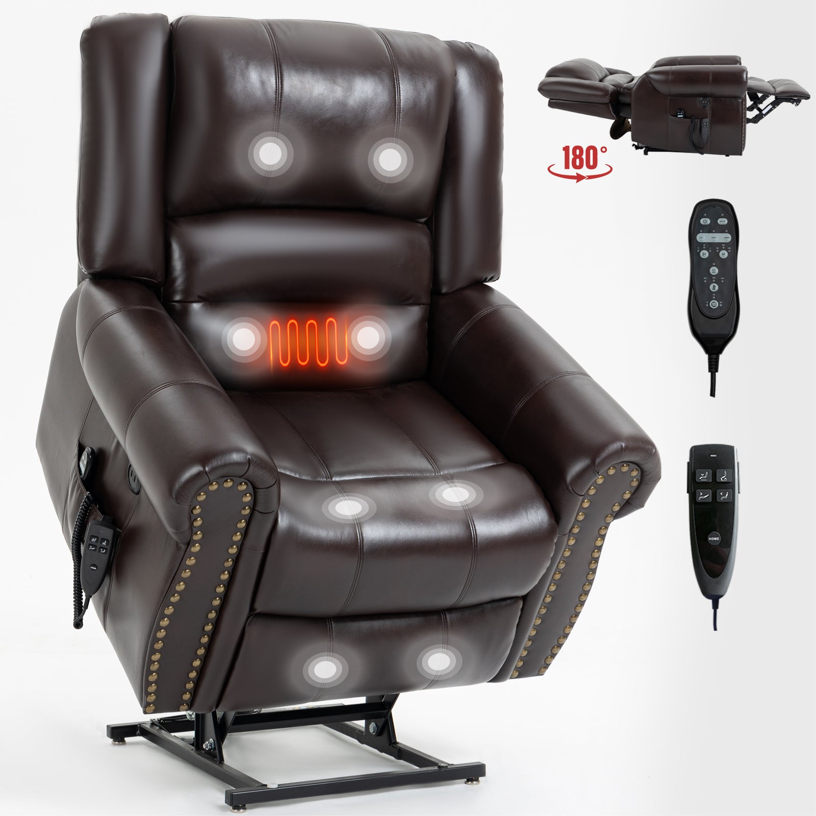 Power Lift Recliner Chair Heat Massage Dual Motor Infinite Position Up to 350 LBS, Faux Leather, Heavy Duty Motion Mechanism with USB Ports, Brown - Value Lift Chairs 