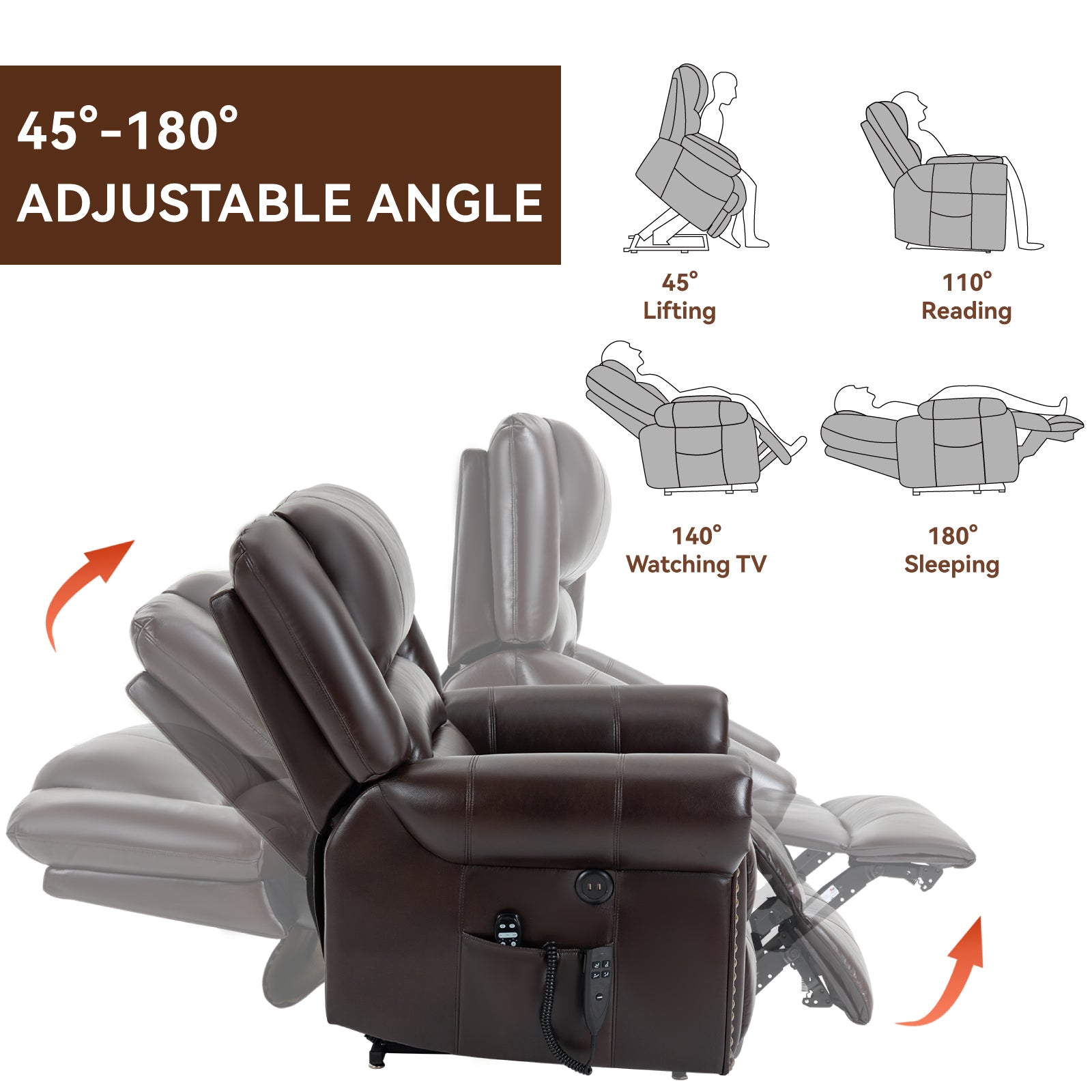 Power Lift Recliner Chair Heat Massage Dual Motor Infinite Position Up to 350 LBS, Faux Leather, Heavy Duty Motion Mechanism with USB Ports, Brown - Value Lift Chairs 