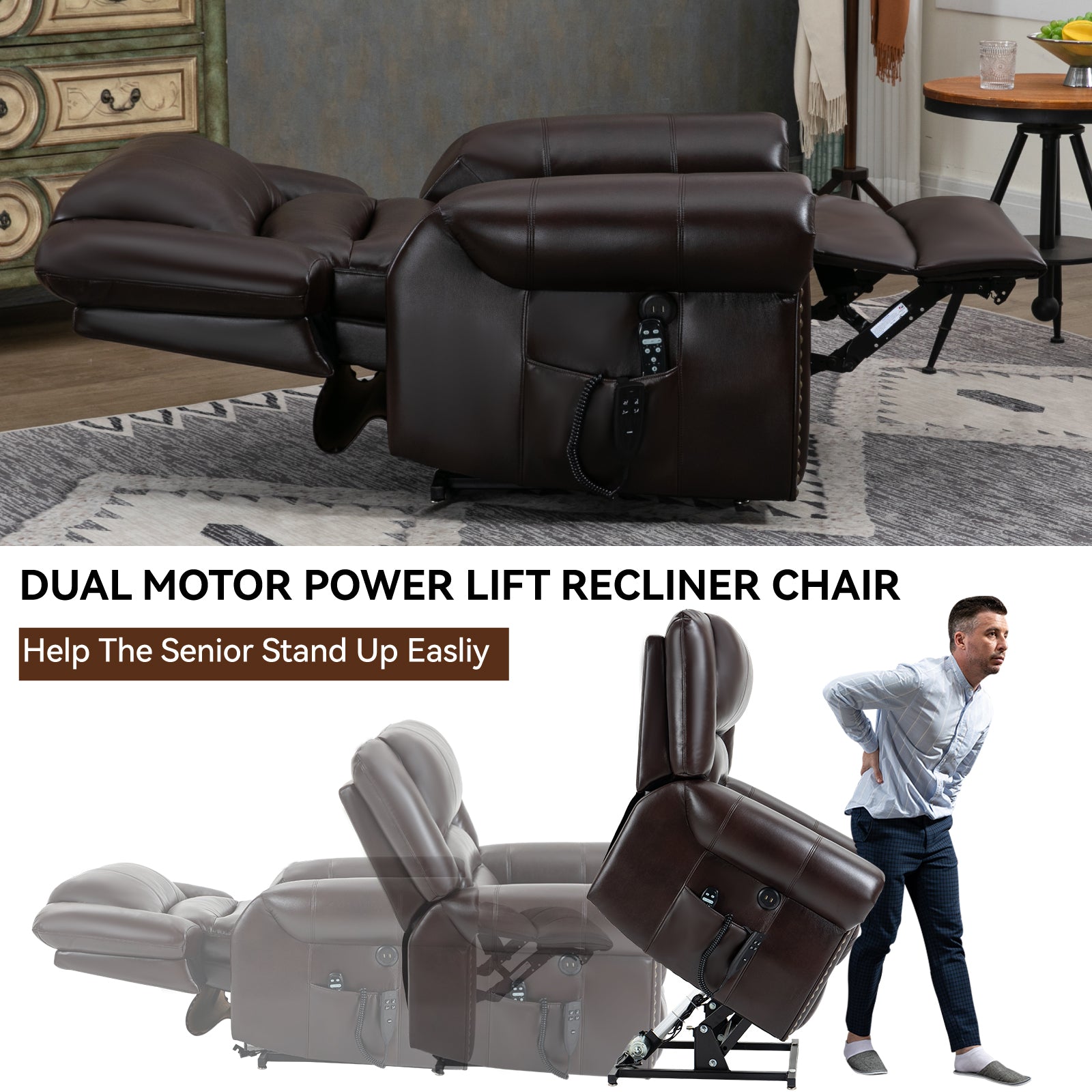 Power Lift Recliner Chair Heat Massage Dual Motor Infinite Position Up to 350 LBS, Faux Leather, Heavy Duty Motion Mechanism with USB Ports, Brown - Value Lift Chairs 