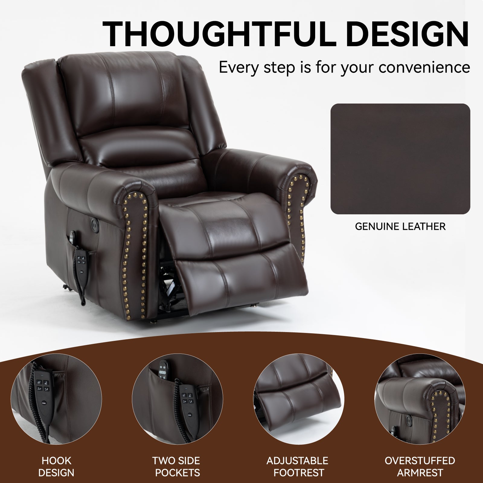 Power Lift Recliner Chair Heat Massage Dual Motor Infinite Position Up to 350 LBS, Faux Leather, Heavy Duty Motion Mechanism with USB Ports, Brown - Value Lift Chairs 