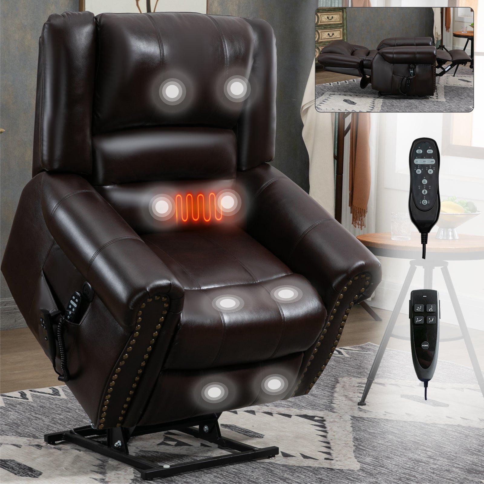 Power Lift Recliner Chair Heat Massage Dual Motor Infinite Position Up to 350 LBS, Faux Leather, Heavy Duty Motion Mechanism with USB Ports, Brown - Value Lift Chairs 