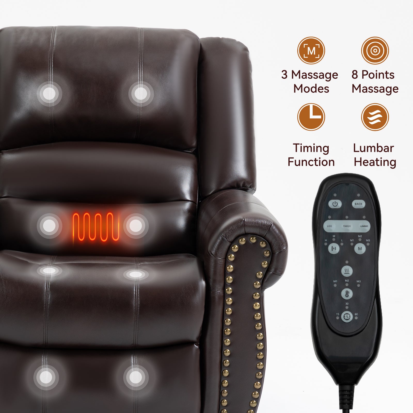 Power Lift Recliner Chair Heat Massage Dual Motor Infinite Position Up to 350 LBS, Faux Leather, Heavy Duty Motion Mechanism with USB Ports, Brown - Value Lift Chairs 