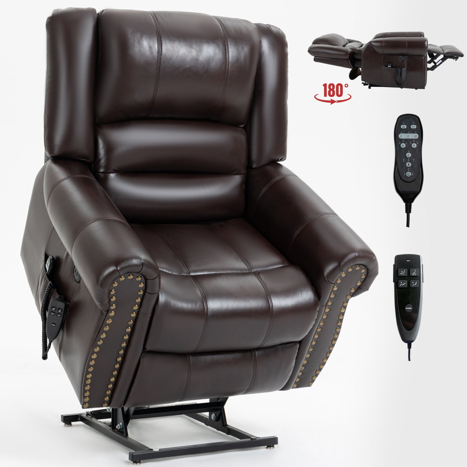 Power Lift Recliner Chair Heat Massage Dual Motor Infinite Position Up to 350 LBS, Faux Leather, Heavy Duty Motion Mechanism with USB Ports, Brown - Value Lift Chairs 