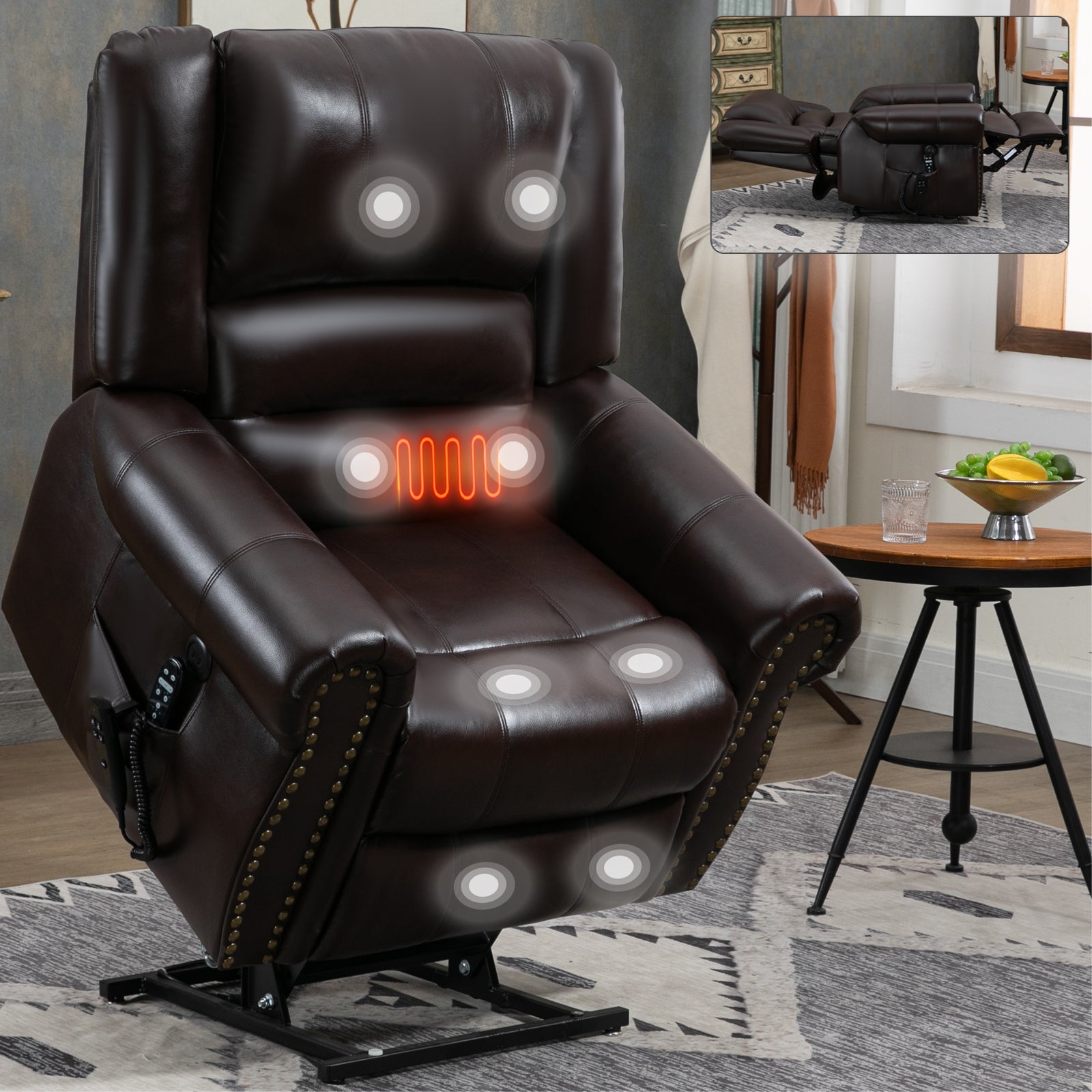 Power Lift Recliner Chair Heat Massage Dual Motor Infinite Position Up to 350 LBS, Faux Leather, Heavy Duty Motion Mechanism with USB Ports, Brown - Value Lift Chairs 