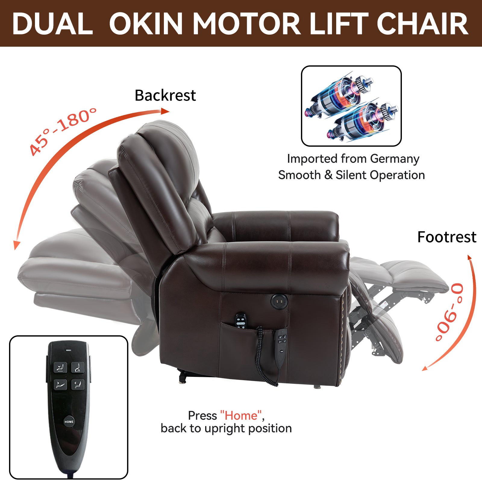 Power Lift Recliner Chair Heat Massage Dual Motor Infinite Position Up to 350 LBS, Faux Leather, Heavy Duty Motion Mechanism with USB Ports, Brown - Value Lift Chairs 