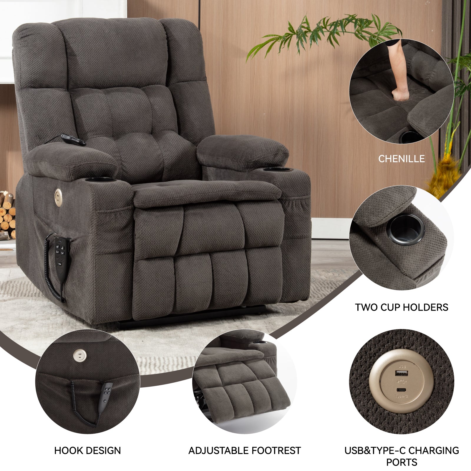 Brown Infinite Position Layflat Power Lift Chair. Chenille Fabric