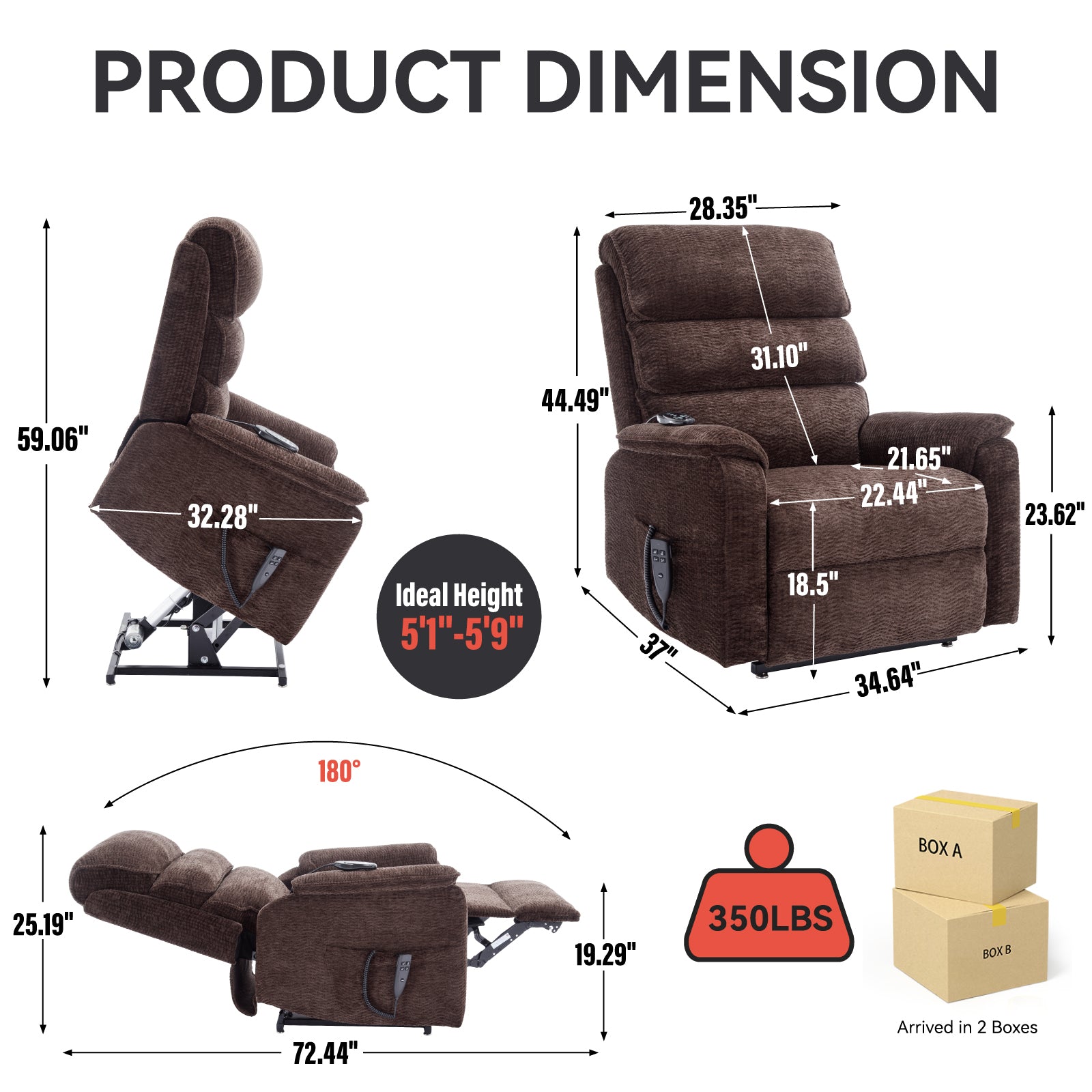 Brown Chenille Infinite Position Lift  Chair with Heat + Massage