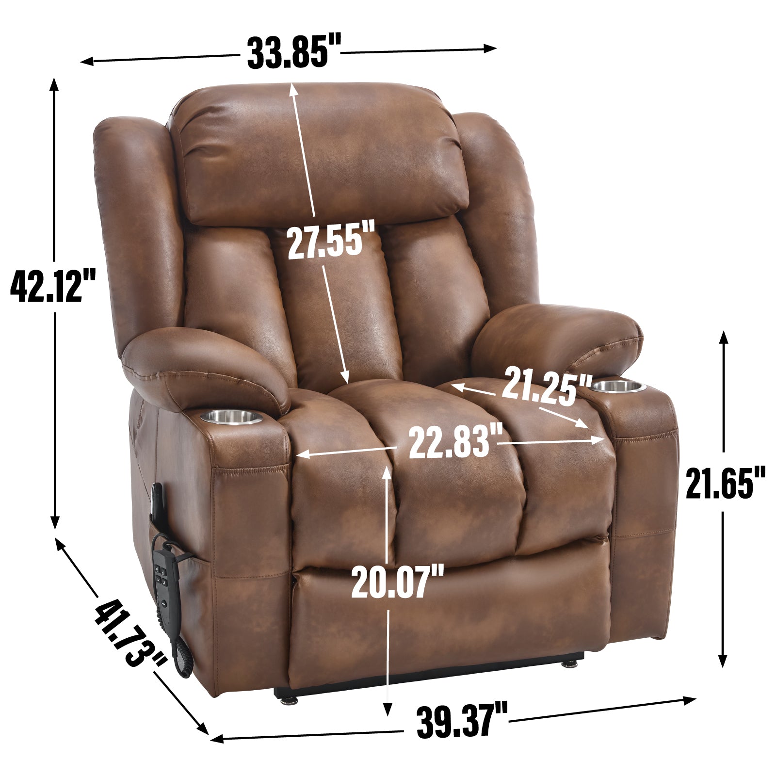 Dual Motor Infinite Position Up to 350 LBS Leatheraire Power Lift Recliner Chair, Heavy Duty Motion Mechanism with 8-Point Vibration Massage and Lumbar Heating, Stainless steel Cup Holders, Brown