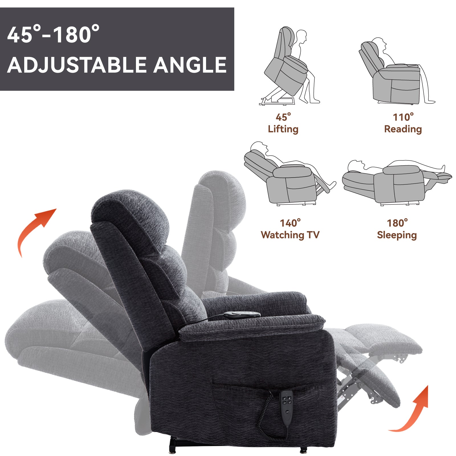 Grey Chenille Dual Motor Infinite Position Power Lift  Chair Heat + Massage