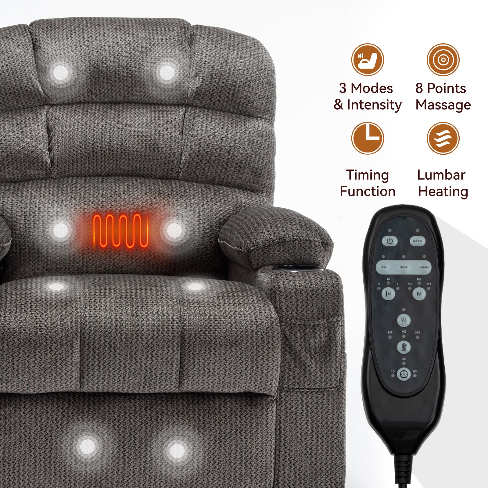 Grey Dual Motor Infinite Position Up to 350 LBS Chenille Power Lift Recliner Chair, Heavy Duty Motion Mechanism with 8-Point Vibration Massage and Lumbar Heating, Dual Cup Holders