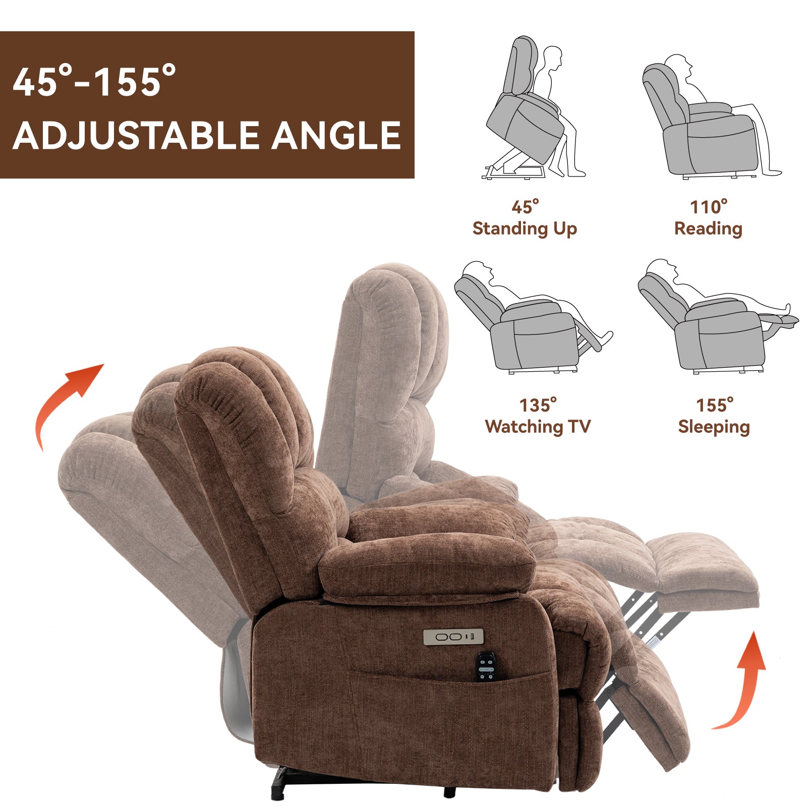 23" Brown  Chenille Power Lift  Chair with Massage and Lumbar Heating