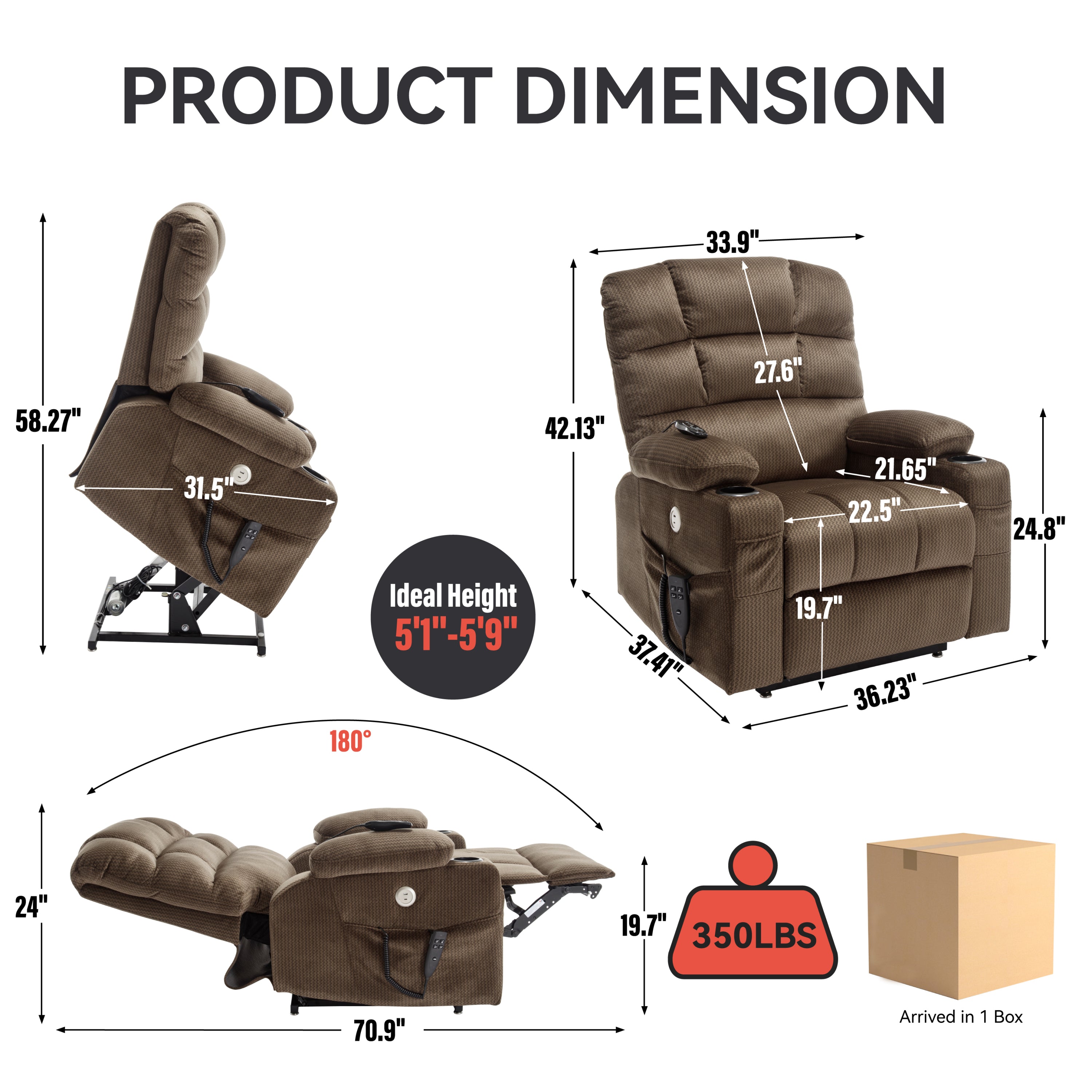 Brown Dual Motor Infinite Position Up to 350 LBS Chenille Power Lift Recliner Chair, Heavy Duty Motion Mechanism with 8-Point Vibration Massage and Lumbar Heating, Dual Cup Holders