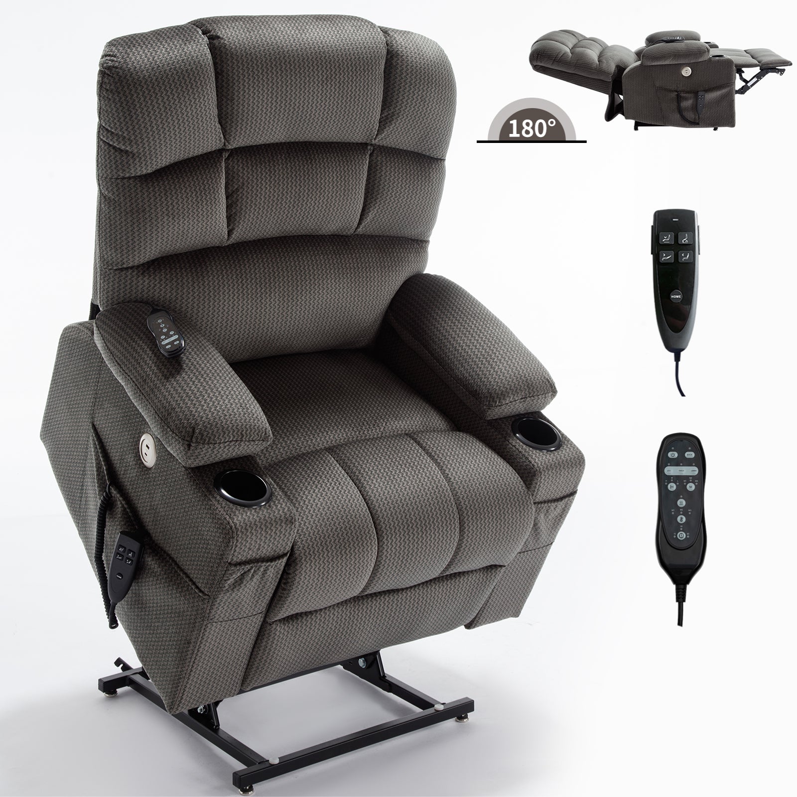 Grey Dual Motor Infinite Position Up to 350 LBS Chenille Power Lift Recliner Chair, Heavy Duty Motion Mechanism with 8-Point Vibration Massage and Lumbar Heating, Dual Cup Holders