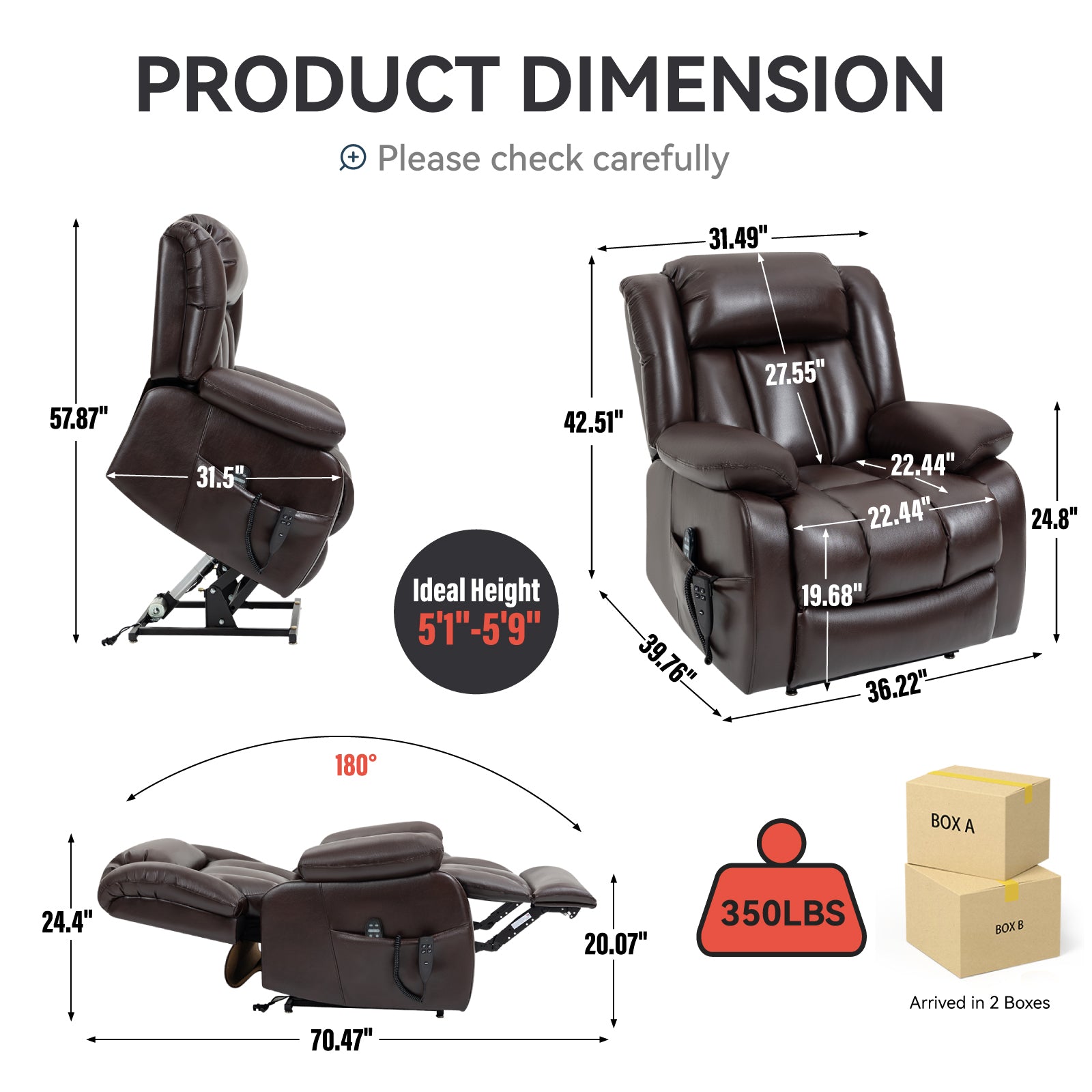 Dual Motor Infinite Position Up to 350 LBS Electric Medium size Brown Power Lift Recliner Chair with 8-Point Vibration Massage and Lumbar Heating - Value Lift Chairs 