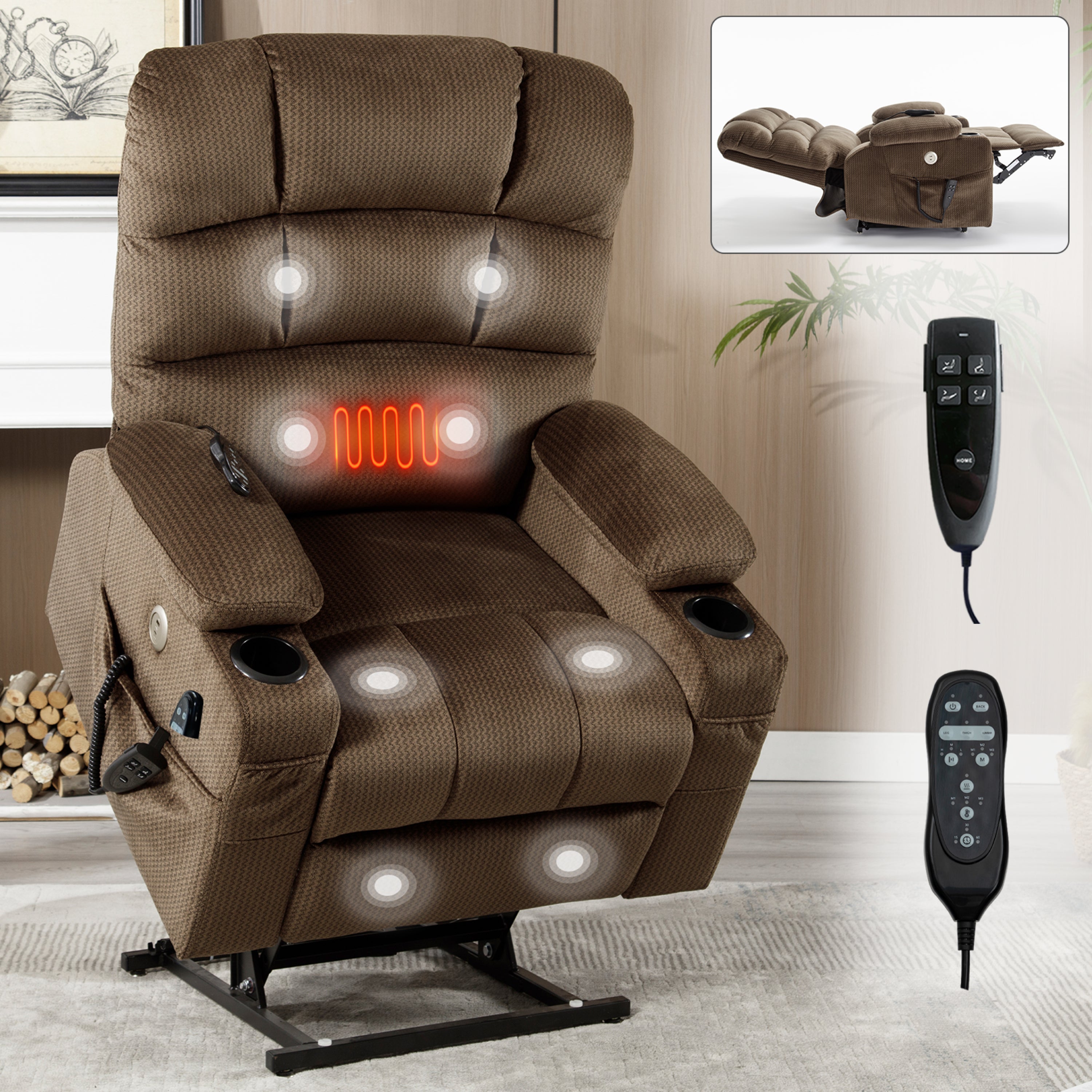 Brown Dual Motor Infinite Position Up to 350 LBS Chenille Power Lift Recliner Chair, Heavy Duty Motion Mechanism with 8-Point Vibration Massage and Lumbar Heating, Dual Cup Holders