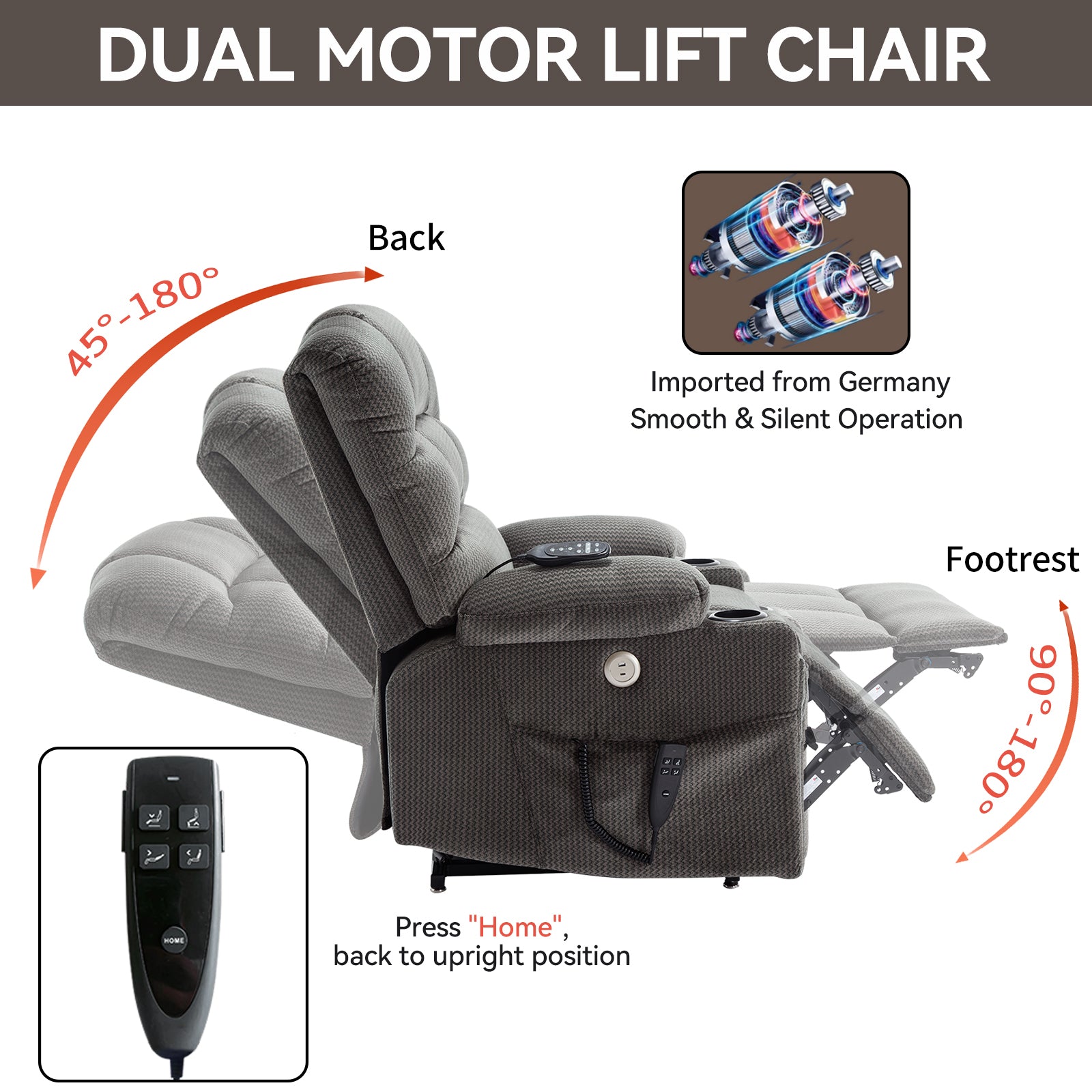 Grey Dual Motor Infinite Position Up to 350 LBS Chenille Power Lift Recliner Chair, Heavy Duty Motion Mechanism with 8-Point Vibration Massage and Lumbar Heating, Dual Cup Holders