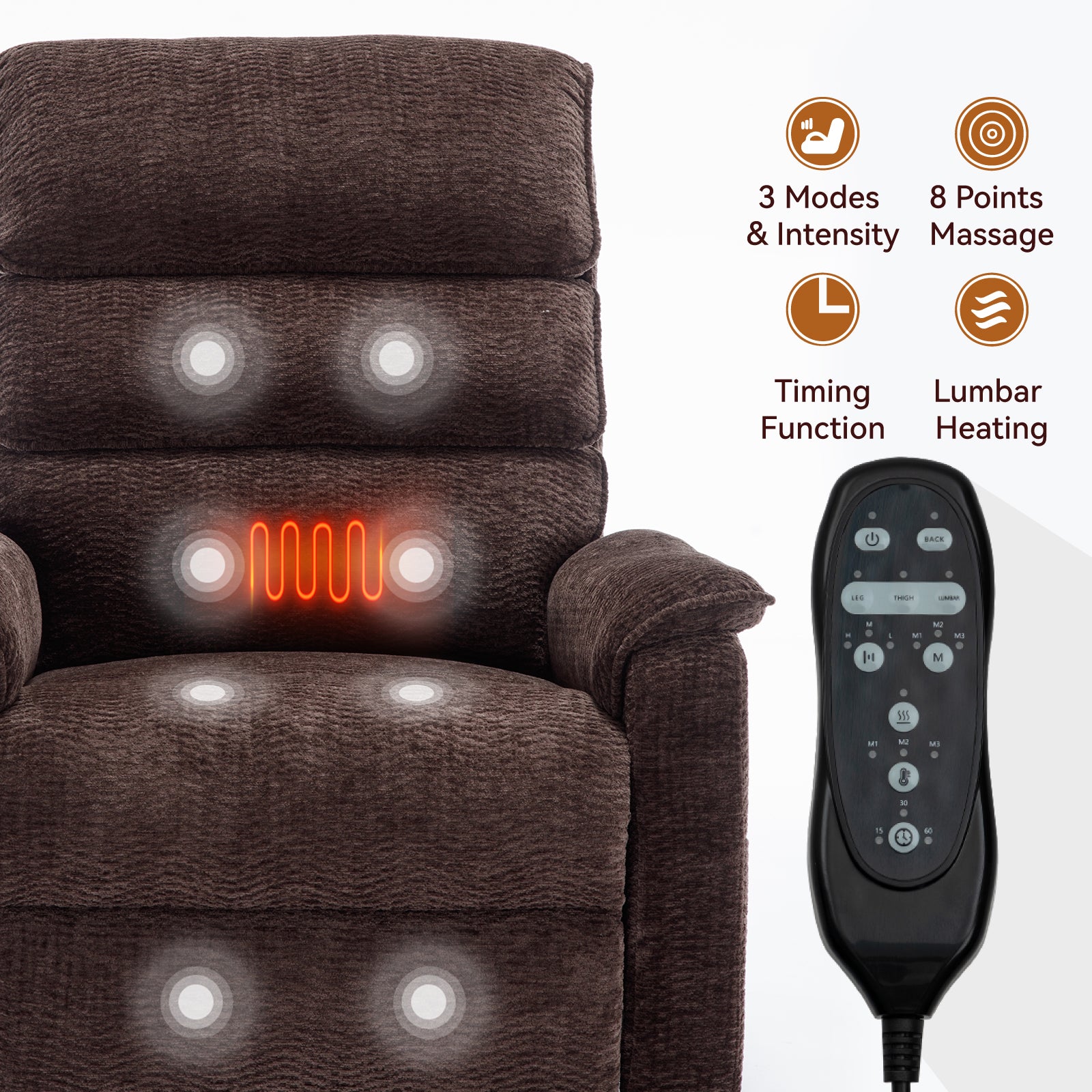 Brown Chenille Infinite Position Lift  Chair with Heat + Massage