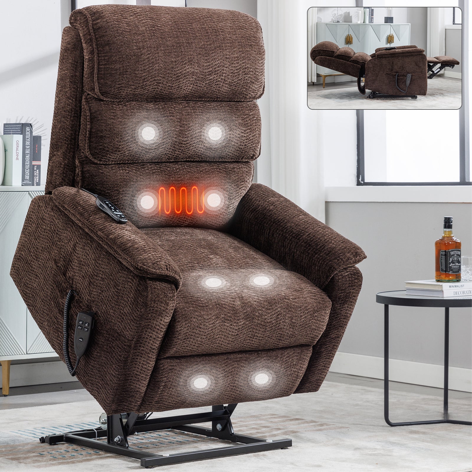 Brown Chenille Infinite Position Lift  Chair with Heat + Massage